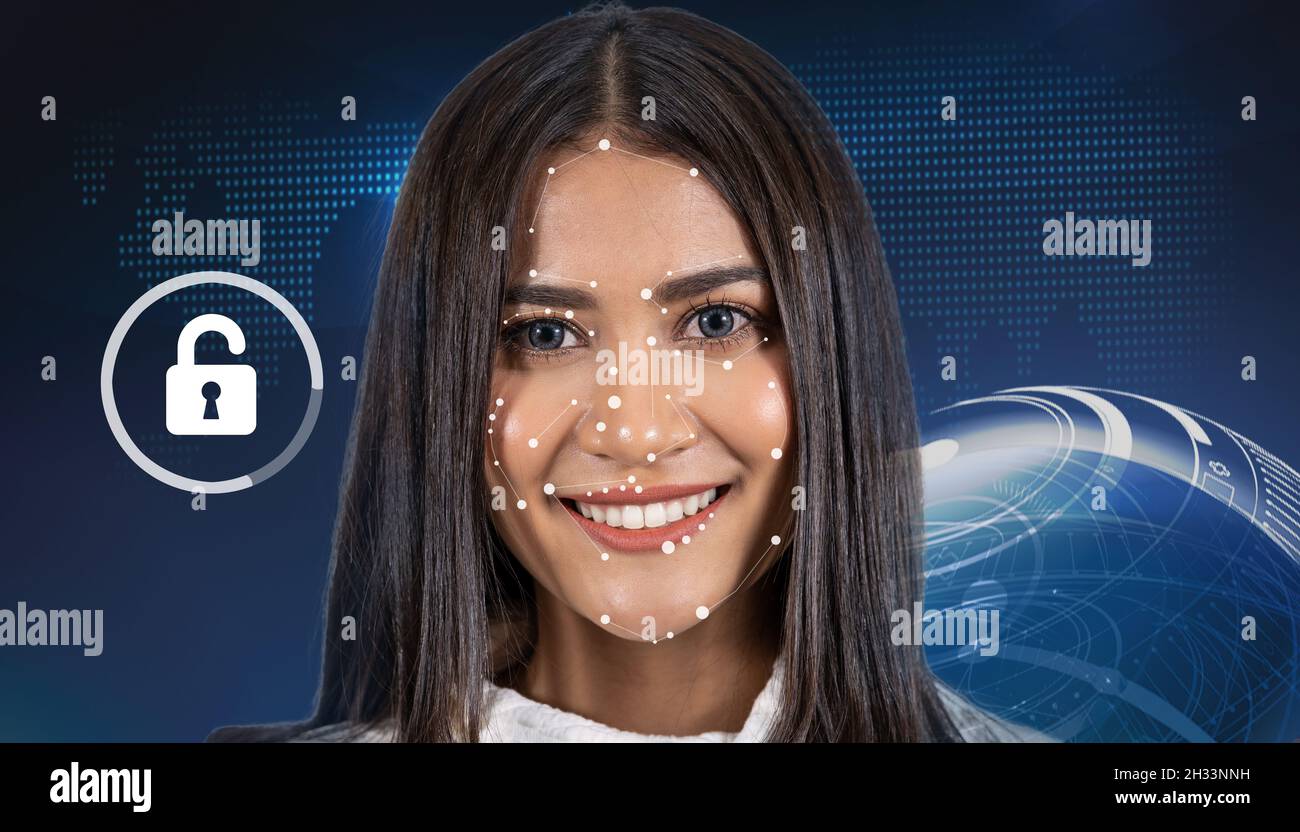 Asiatische Frau Gesichtserkennung und Erkennung über die Technologie-Verbindung Form Hintergrund, biometrische Verifikation, Computer Vision und künstliche int Stockfoto