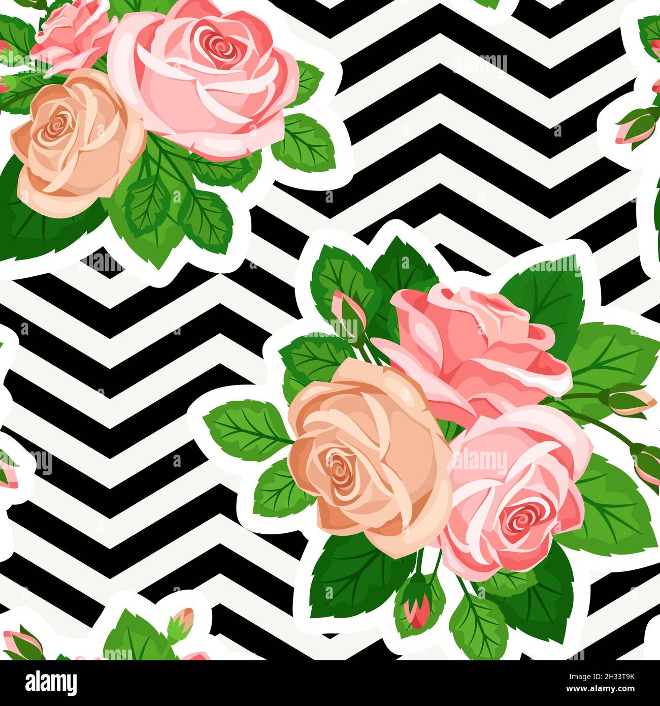 Floraler nahtloser Hintergrund mit schwarz-weißem geometrischen Muster und Blumensträußen aus rosa und beigen Rosen Stock Vektor