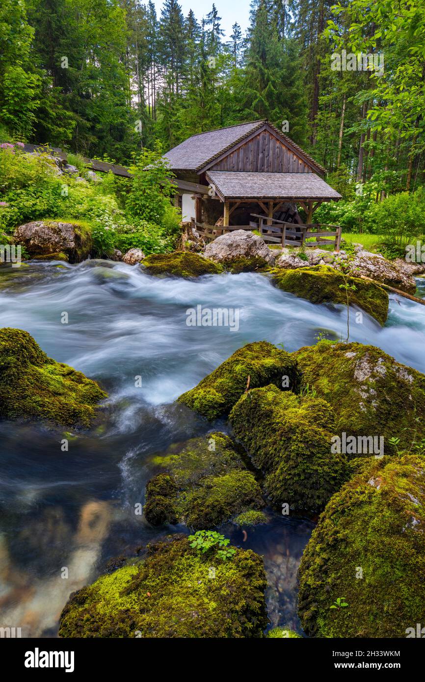 Die Gollinger Mühle am Gollinger Wasserfall in Golling, Salzburg, Österreich. Eine alte Wassermühle in der Nähe des Gollinger Wasserfalls südlich von Salzburg. Stockfoto