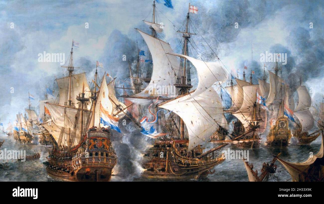 SCHLACHT VON TER HEIJDE aka Schlacht von Scheveningen 10. August 1653, letzte Seeschlacht des ersten Anglo-Niederländischen Krieges. In der Mitte feuert die englische Vorzeigeresolution, die von Admiral George Monck kommandiert wurde, auf Brederode, dem niederländischen Flaggschiff von Maarten Tromp, hin. Gemalt um 1654 von Jan Beerstraaten. Stockfoto