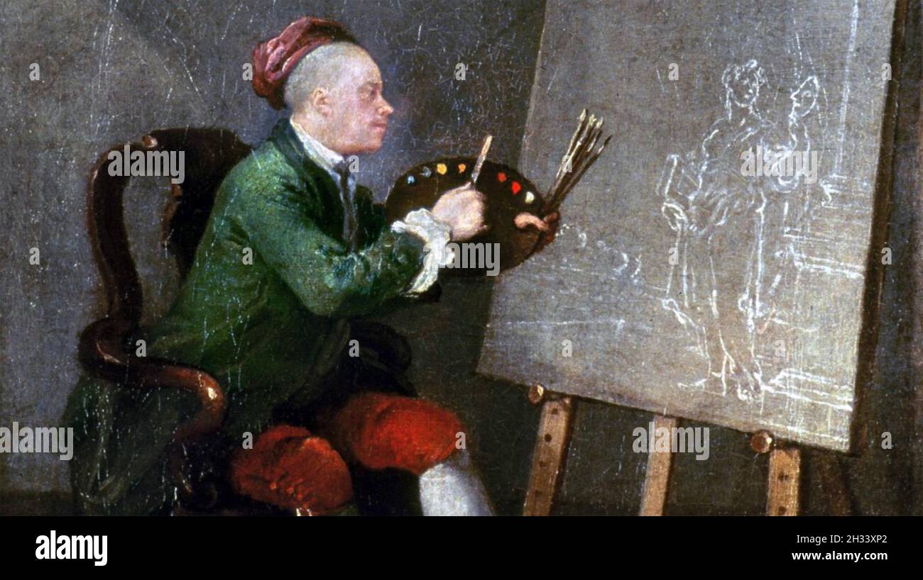 WILLIAM HOGARTH (1697-1764) englischer Künstler und Sozialkritiker in einem Selbstporträt über 1757-58, das ihn beim Malen von Thalia, der Muse der Komödie und pastoralen Poesie, zeigt Stockfoto