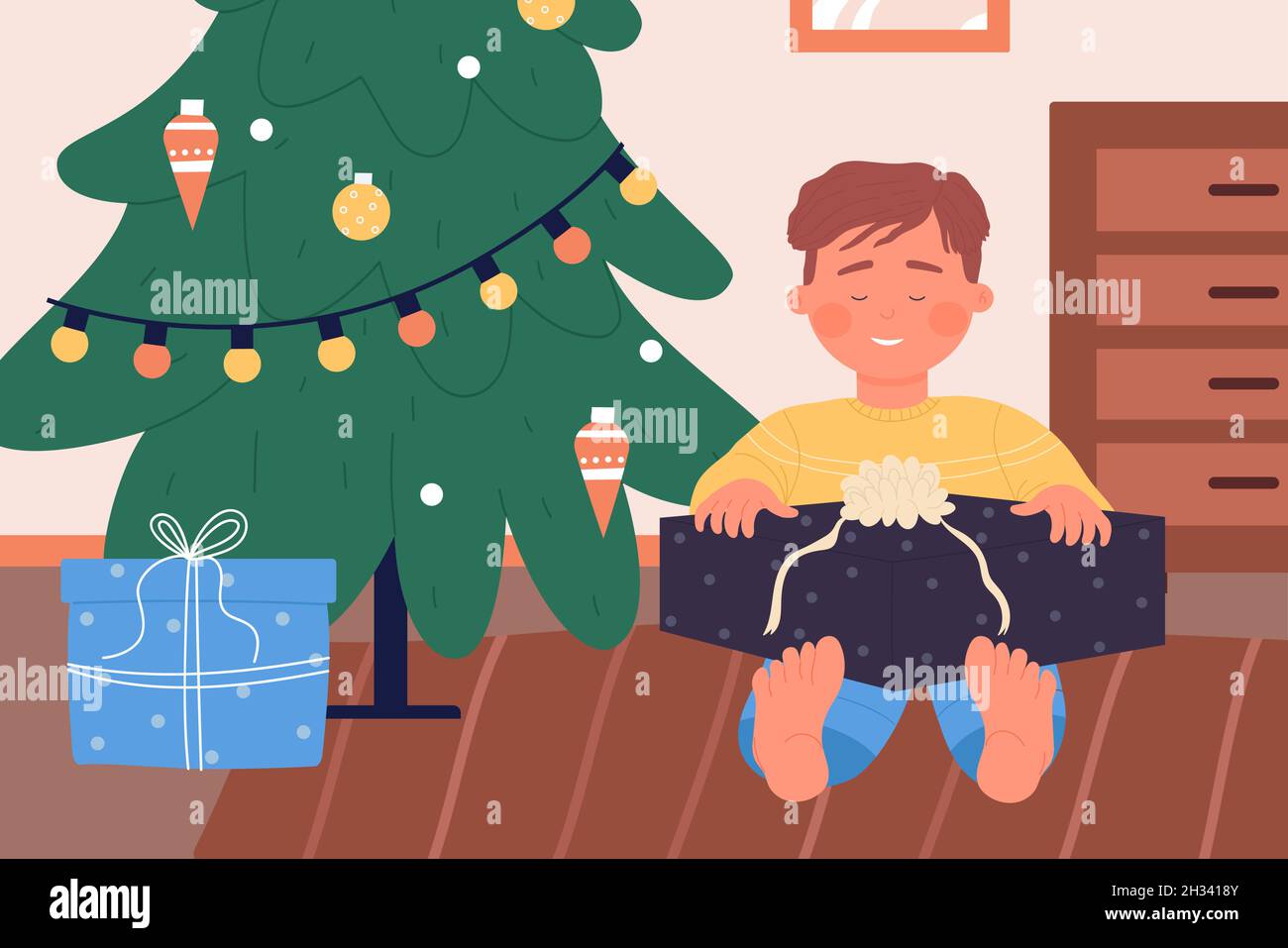 Happy boy Kind sitzt auf dem Boden unter Weihnachtsbaum mit Geschenk-Vektor-Illustration. Cartoon Kind Charakter hält Weihnachten Überraschung Geschenk-Box aus Santa, nette Szene der festlichen Feier Hintergrund Stock Vektor