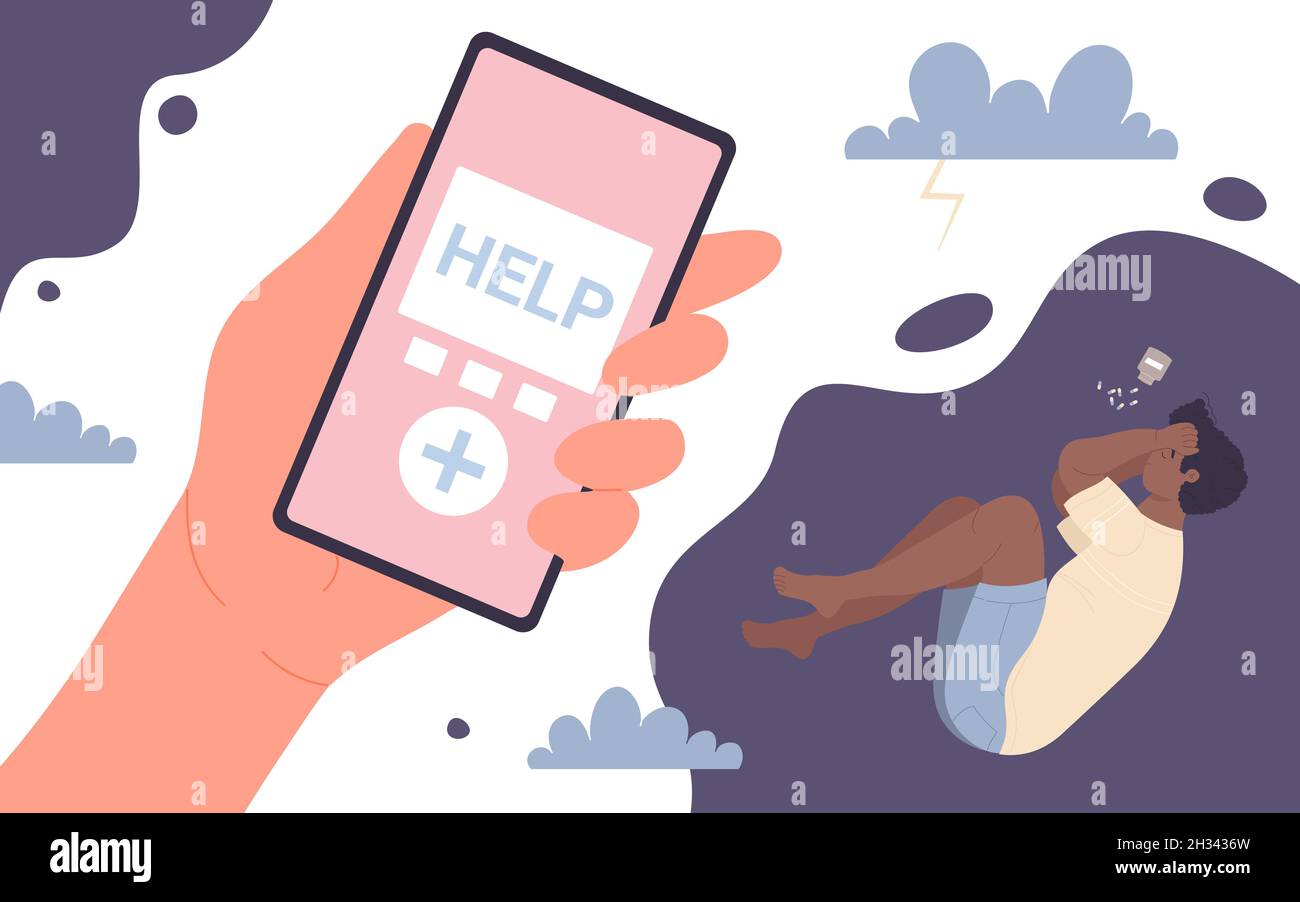 Online Psychologe Hilfe Vektor Illustration. Cartoon Hand hält Handy mit Hotline-App auf dem Bildschirm, männliche Figur liegt in der Notwendigkeit der Beratung und Therapie. Psychische Gesundheit, Krisenkonzept Stock Vektor