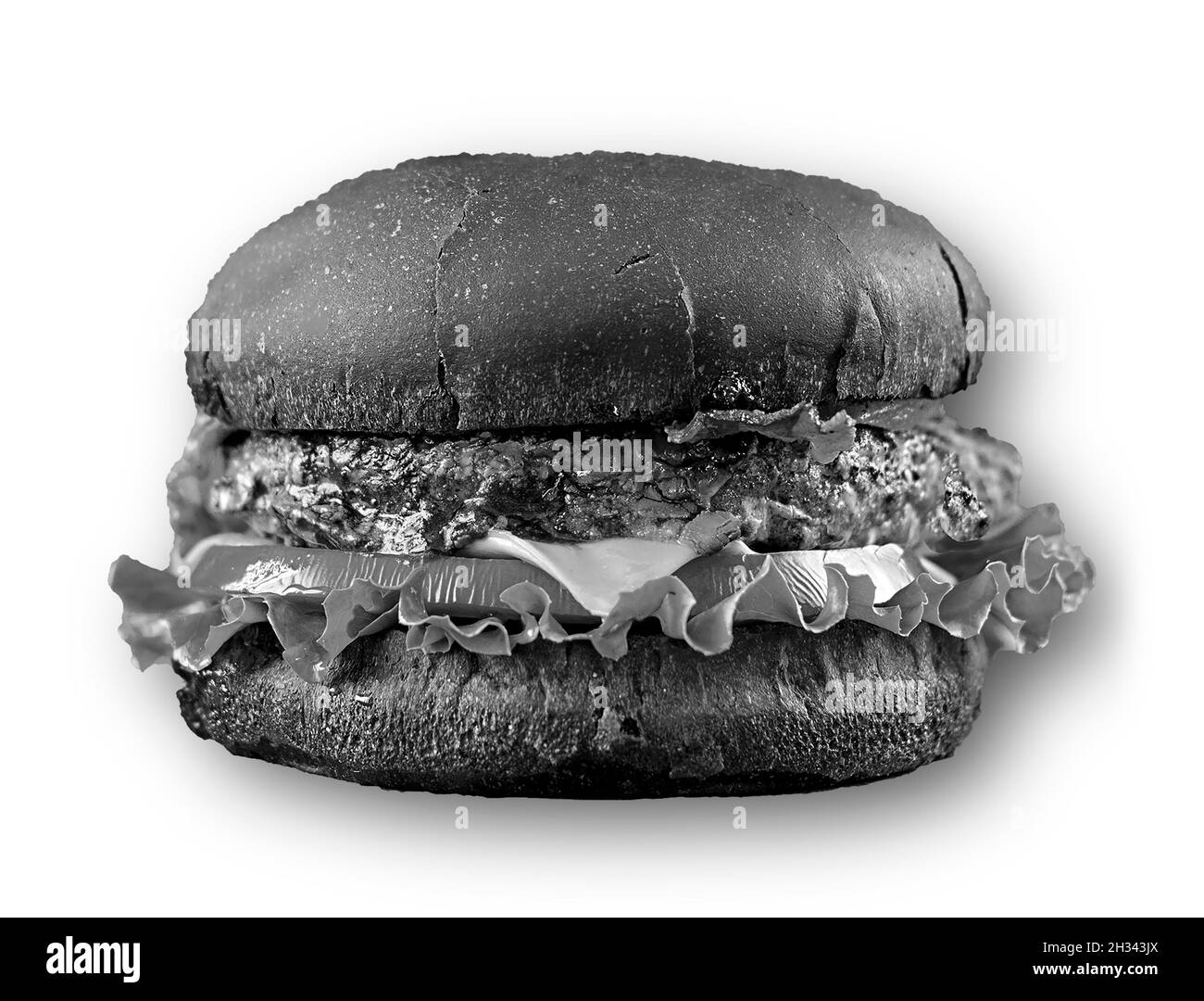 Schwarzer Burger. Schwarzweiß-Fotografie. Isolieren. Ungesunde Ernährung Konzept. Isolieren Stockfoto