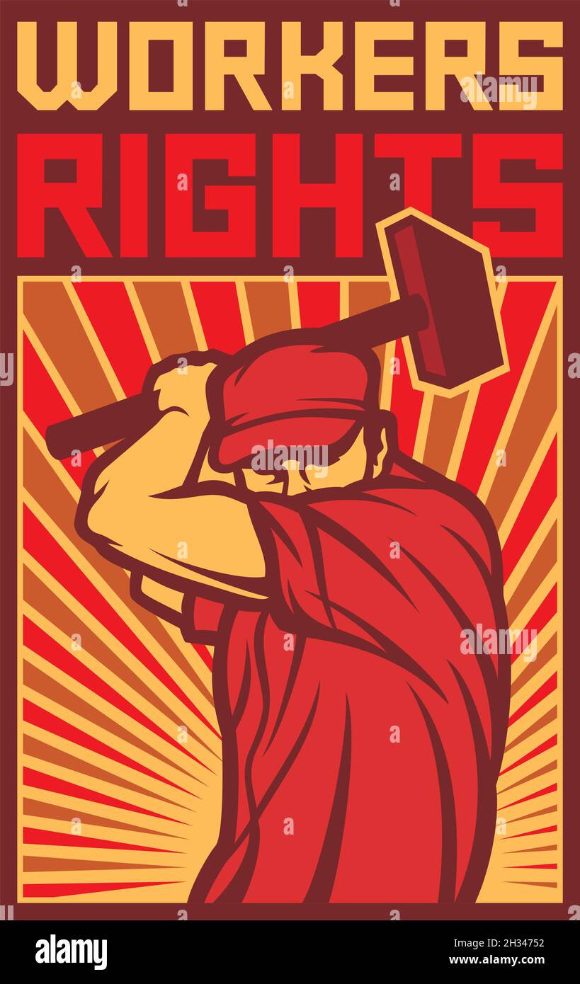 Poster zu Arbeitnehmerrechten (Mann mit Hammer, Design for Labor Day) Vektordarstellung Stock Vektor