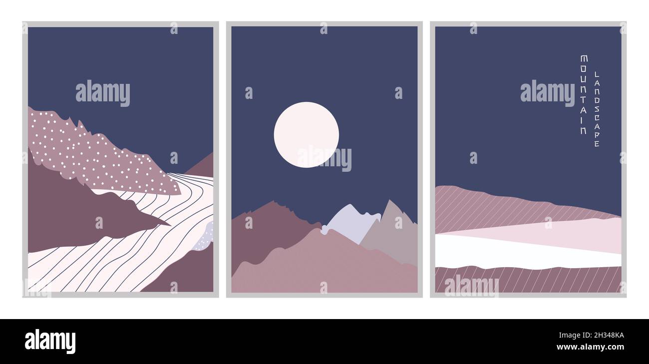 Abstraktes Poster zur Berglandschaft bei Nacht. Geometrische Landschaft Hintergrund in asiatischen japanischen Stil. Stock Vektor