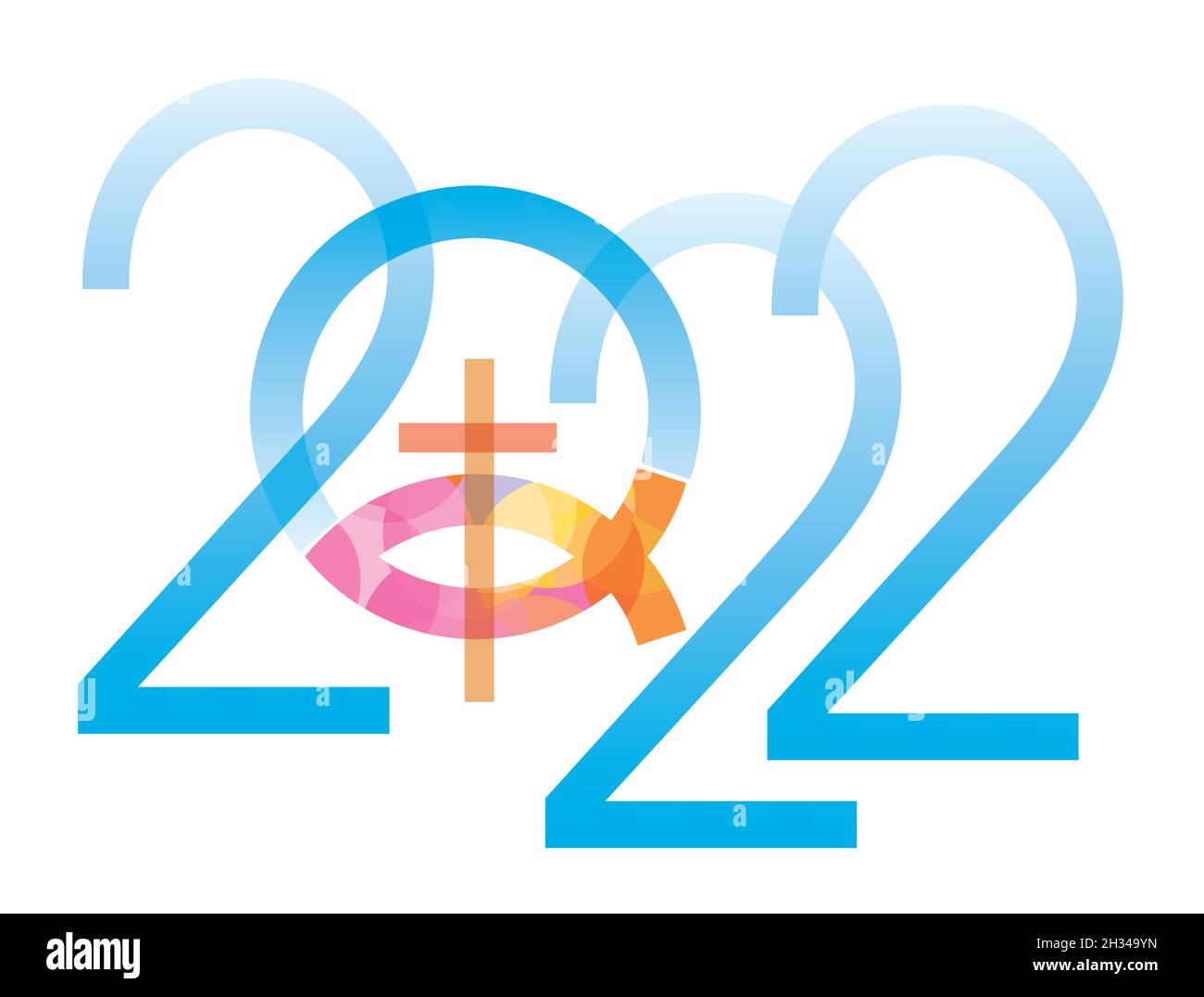 : Jesus Fisch Symbol Neujahr. 2022 Neujahr mit Jesus Fisch Symbol mit Kreuz. Isoliert auf weißem Hintergrund. Vektor verfügbar. Stock Vektor
