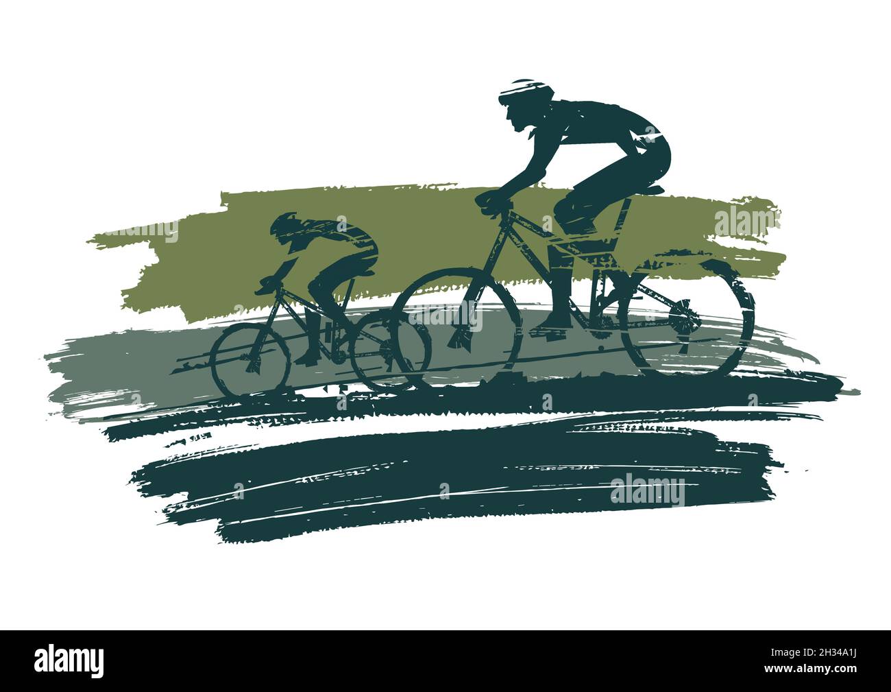 Mountainbike-Radfahrer, Grunge stilisiert. Illustration von zwei Radfahrern auf bunt ausdrucksstarkem Pinselstrich. Isoliert auf weißem Hintergrund. Stock Vektor