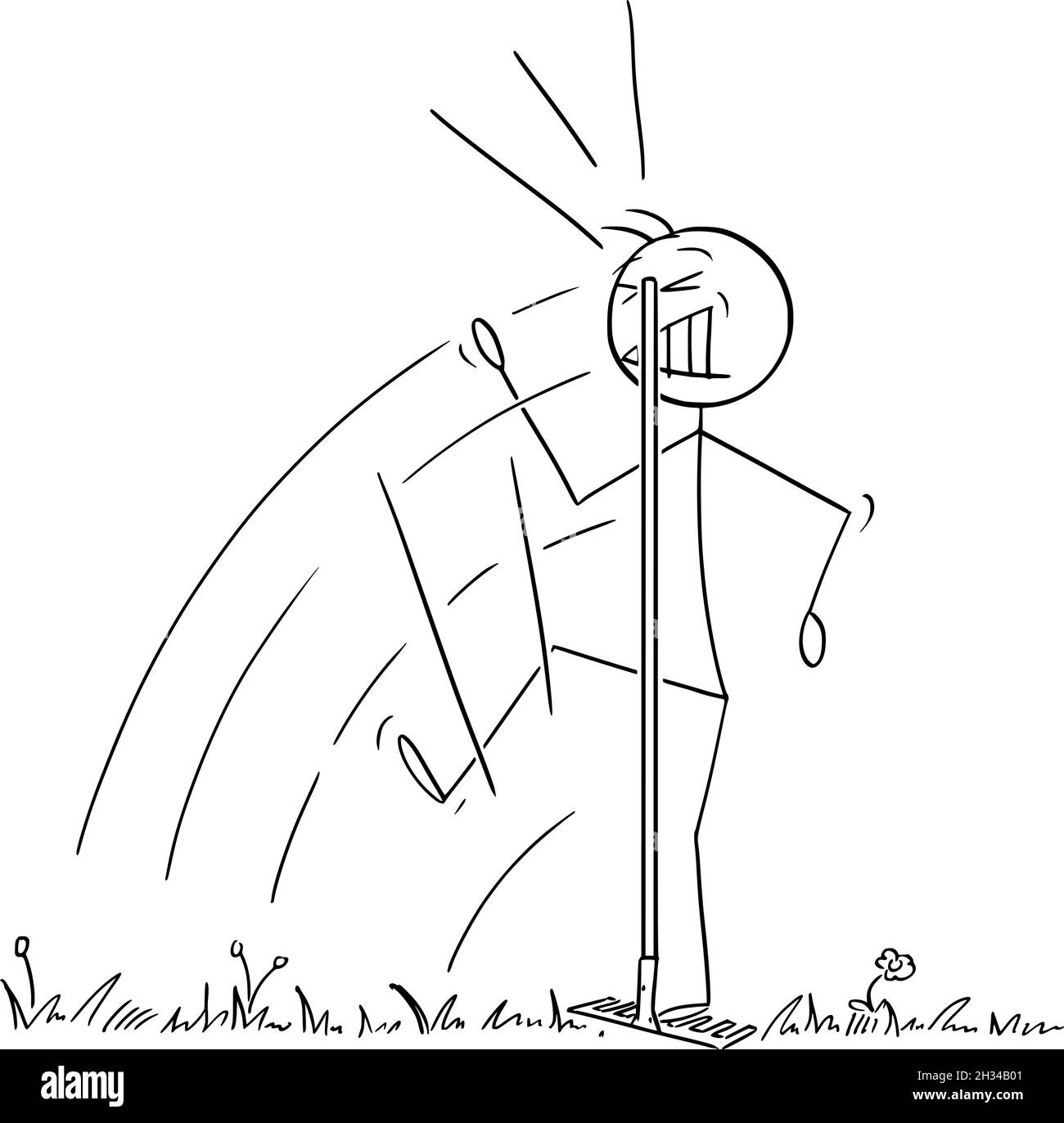 Person oder Gärtner oder Landwirt Schritt auf Rake versteckt in Gras und wurde getroffen, um den Kopf, Vektor Cartoon Stick Figur Illustration Stock Vektor