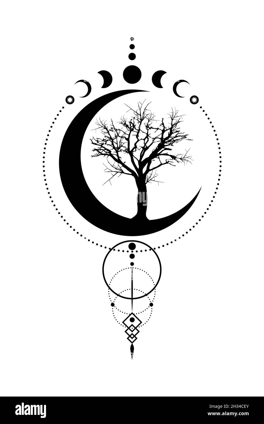 Mystische Mondphasen, Baum des Lebens, Heilige Geometrie. Dreifacher Mond, Halbmond heidnische Wiccan Göttin Symbol, Silhouette Wicca Banner Zeichen, Energie Kreis, Stock Vektor