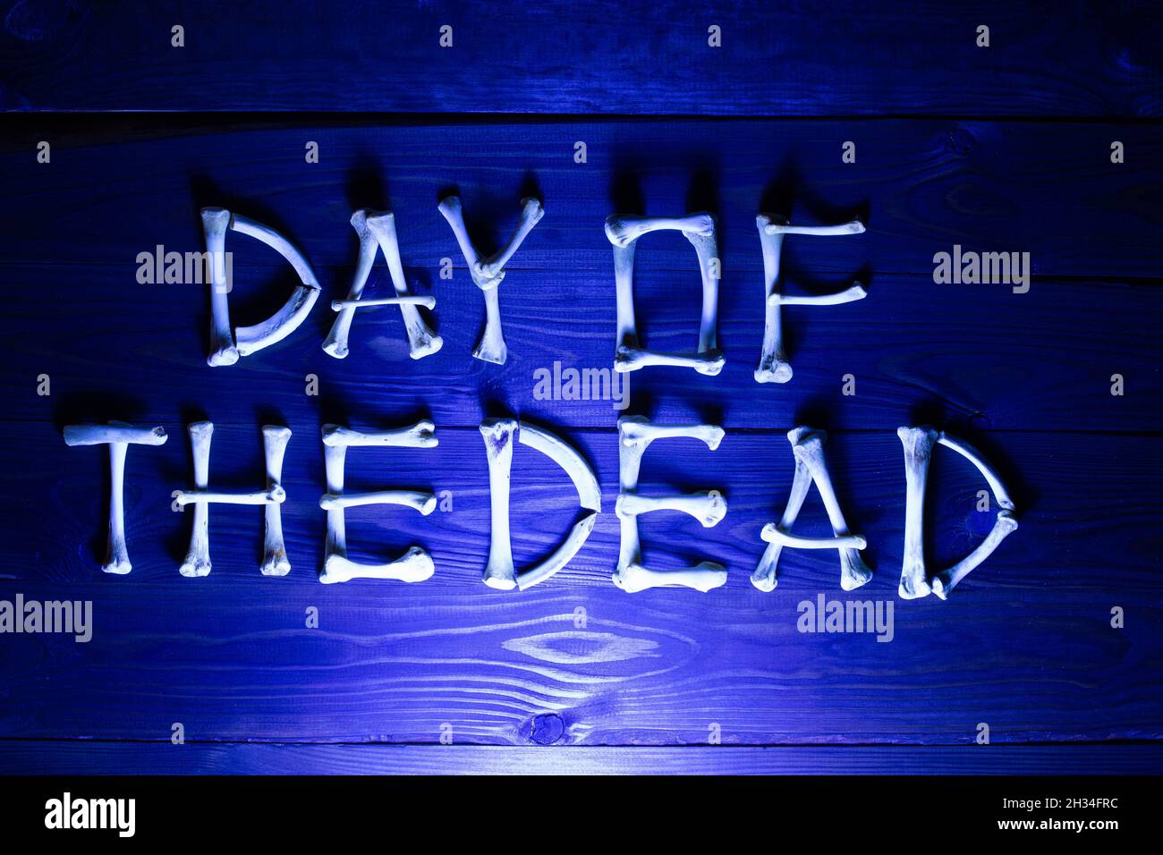 Schriftzug aus den Knochen der Worte Day of the Dead auf einem wunderschönen dunkelblauen Holzhintergrund. Design zur Feier von Dia de los Muertos. Beängstigend Stockfoto