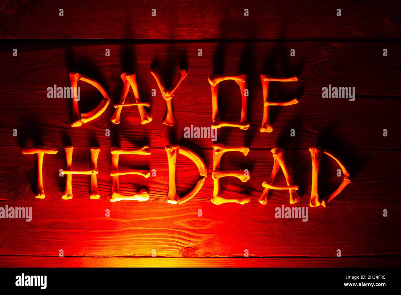 Schriftzug aus den Knochen der Worte Day of the Dead auf einem schönen dunkelroten Holzhintergrund. Design zur Feier von Dia de los Muertos. Beängstigend Stockfoto