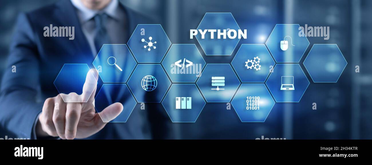 Python Programmiersprache. Programmierung Workflow abstrakten Algorithmus Konzept auf virtuellen Bildschirm. Stockfoto