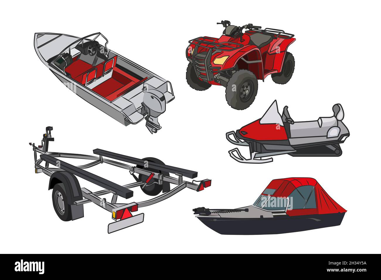 Transport für Outdoor-Aktivitäten. Boot, Schneemobil, Anhänger, Markise, ATV. Vektorset. Stock Vektor