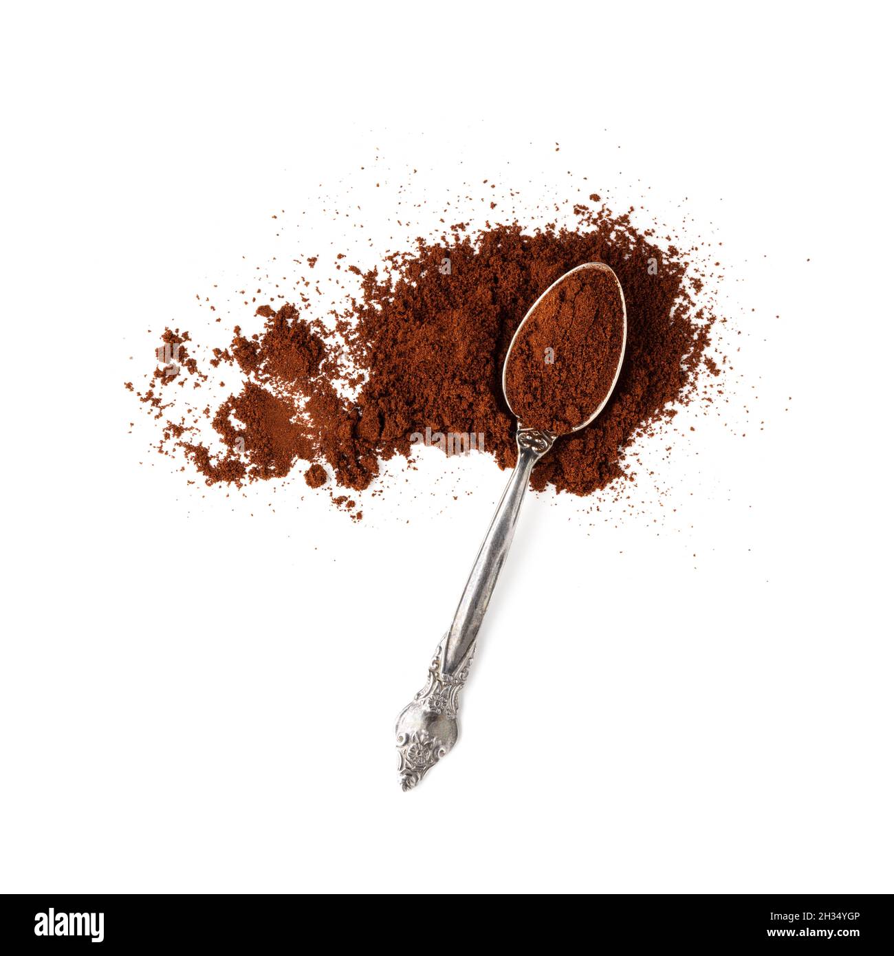 Löffel mit Kaffeepulver. Draufsicht Stockfoto