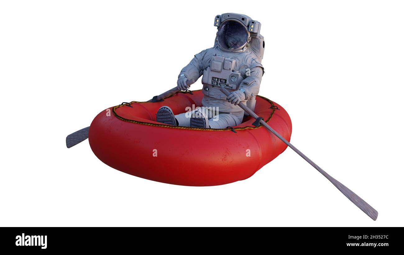 astronaut im Gummiboot, isoliert auf weißem Hintergrund Stockfoto