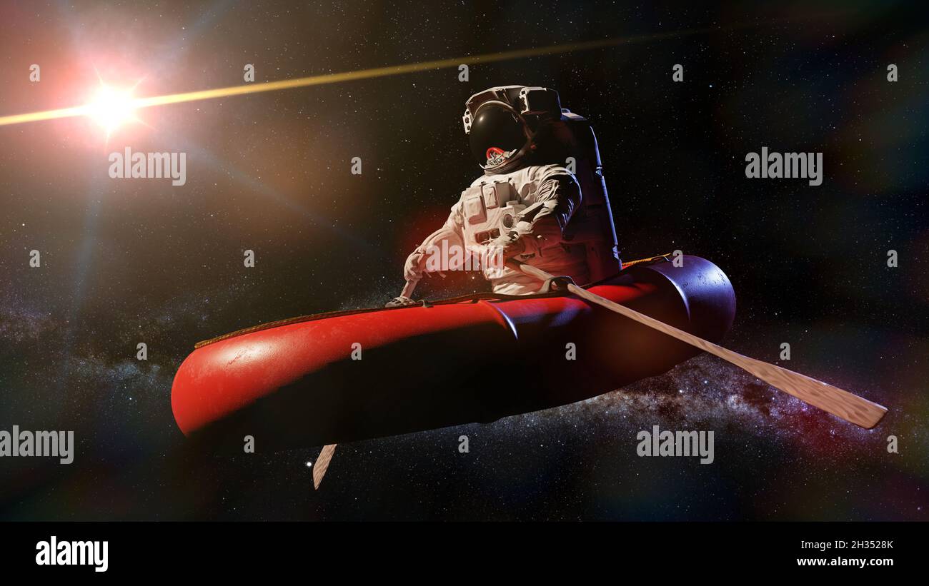 astronaut im Gummiboot, Entdecker in surrealer Szene Stockfoto
