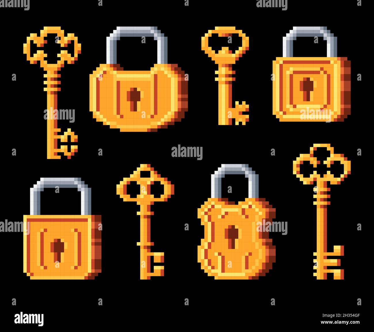 Vintage goldene Schlüssel und Vorhängeschlösser. Pixel Art 8-Bit-Spiel-Symbole, Türschloss und Schlüssel. Vektor Vintage Elemente, Spielelemente isoliert 2d-Objekte. Retro-Sprit Stock Vektor