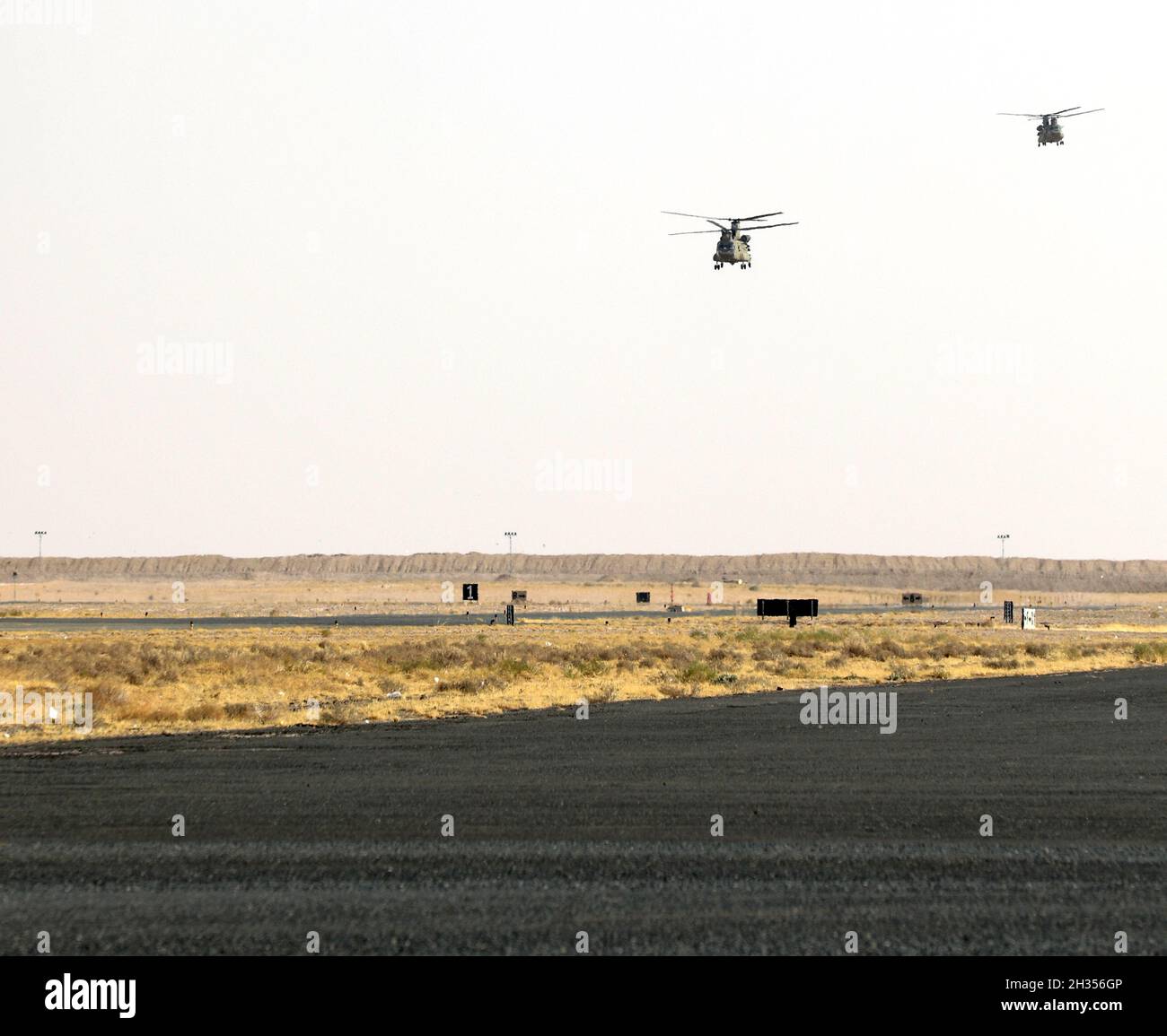 Zwei ankommende CH-47 Chinook Hubschrauber der Bravo Company, 1. Bataillon, 171. Aviation Regiment, nähern sich der Start- und Landebahn im Camp Buehring, Kuwait. Stockfoto