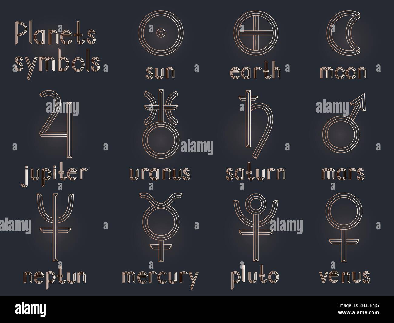 Vektor-Set von astrologischen Planeten Symbole. Goldene Kontur. Schilder Sammlung: Sonne, Erde, Mond, saturn, uranus, neptun, jupiter, venus, mars, pluto, Ich Stock Vektor