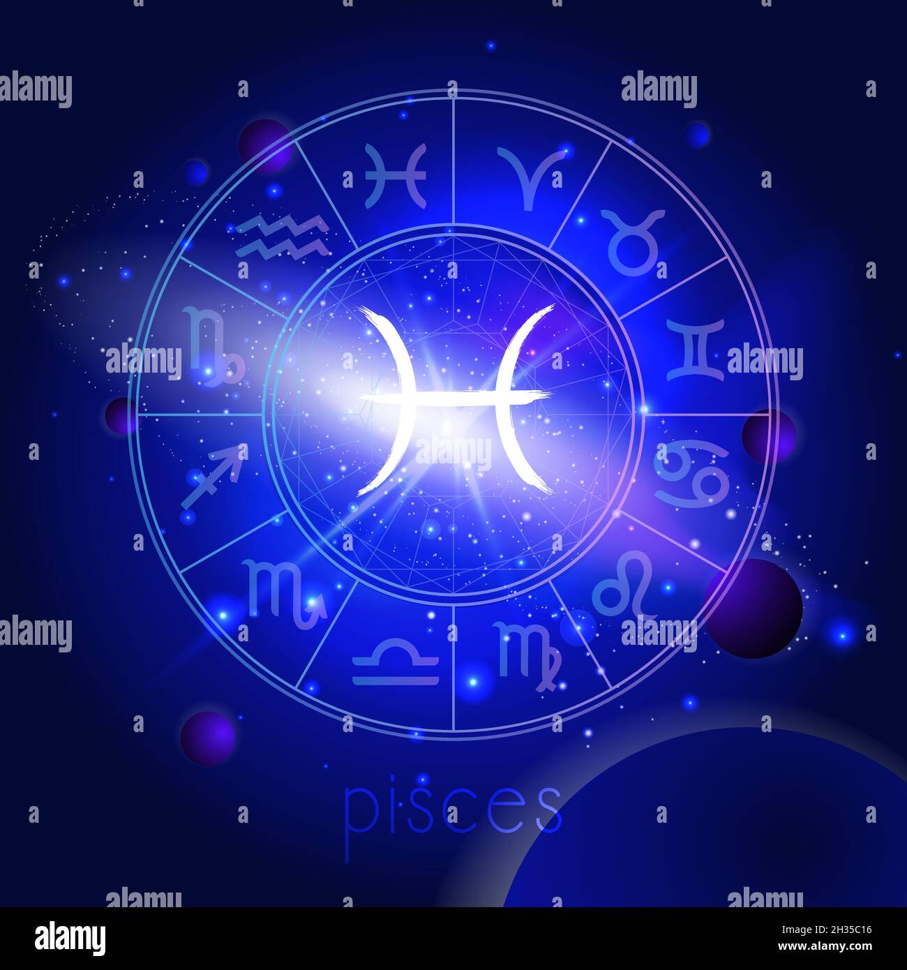 Vektor-Illustration des Zeichens FISCHE mit Horoskopkreis vor dem Hintergrund des Raumes mit Planeten und Sternen. Heilige Symbole in blauen Farben. Stock Vektor
