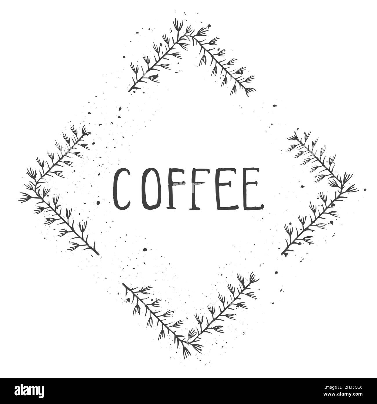 Vektor handgezeichnete Illustration von Text KAFFEE und floralen Rhomboid Rahmen mit grunge Tinte Textur auf weißem Hintergrund. Monochrom. Stock Vektor