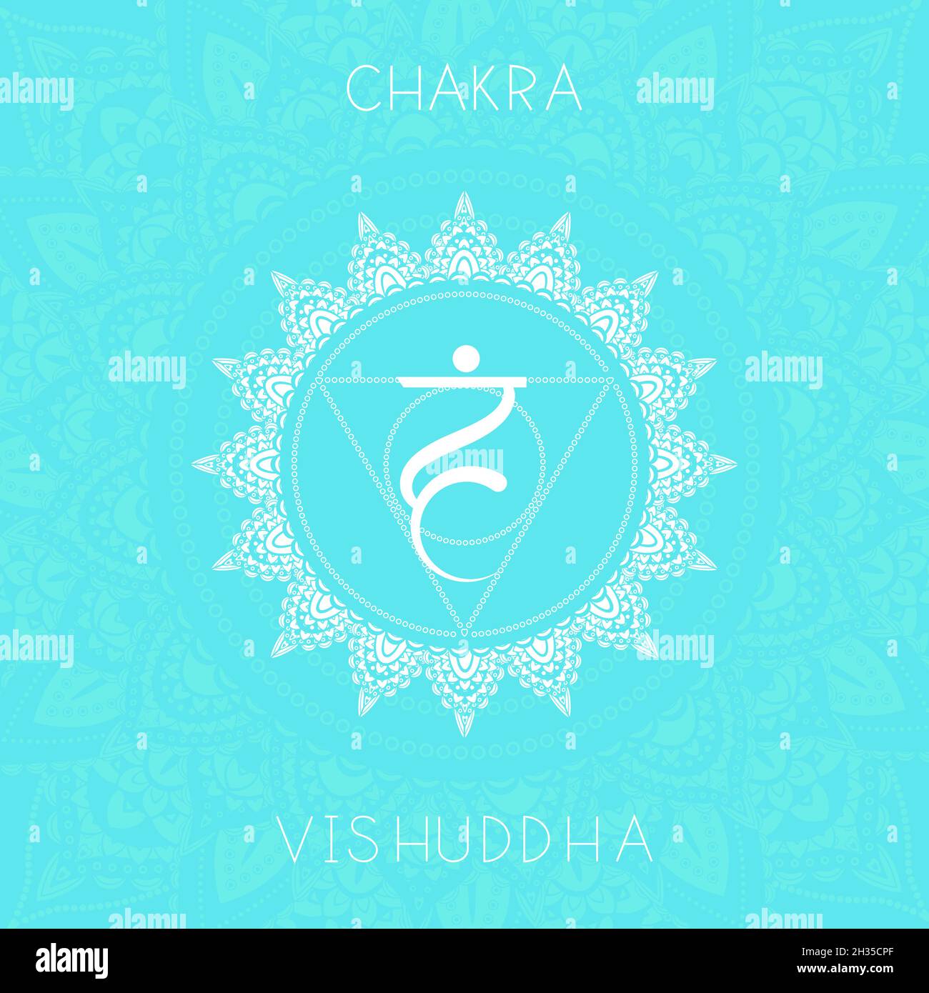 Vektor-Illustration mit Symbol Chakra Vishuddha auf ornamentalen Hintergrund. Rundes Mandala-Muster und handgezeichneter Schriftzug. Farbig. Stock Vektor
