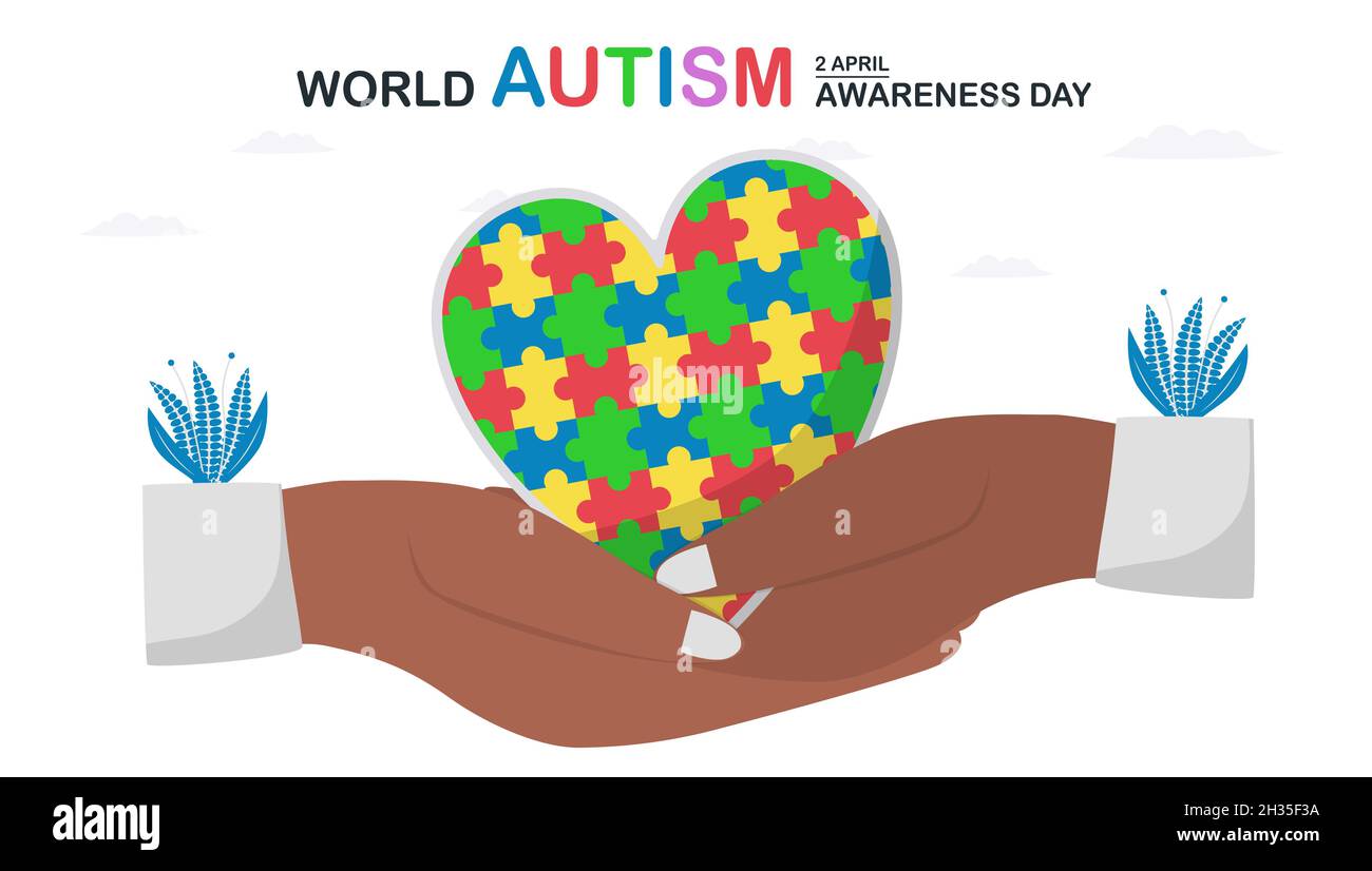 Banner-Vorlage für den Weltautismus-Tag, 2. April. Dieser Tag wird das Bewusstsein für autistische Spektrum Störungen Menschen zu erhöhen. Mehrfarbige Vorrichtungen Stock Vektor