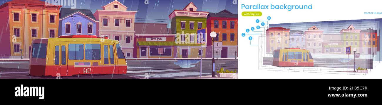Parallax-Straßenbahn im Hintergrund, die an regnerischen Tagen auf der Retro-Stadtstraße fährt. Trolley-Auto auf vintage 2d Stadtbild Cartoon-Ansicht mit Vintage-Gebäude, Stadt unter Regen, getrennte Schichten für Spiel, Vektor-Szene Stock Vektor