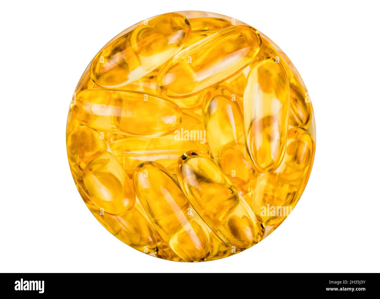 Fischöl orange gelbe Softgels Kapseln Fischöl Omega 3 im Kreis - Ansicht des Apothekenglases von oben isoliert auf weißem Hintergrund. Gesunde Ernährung c Stockfoto