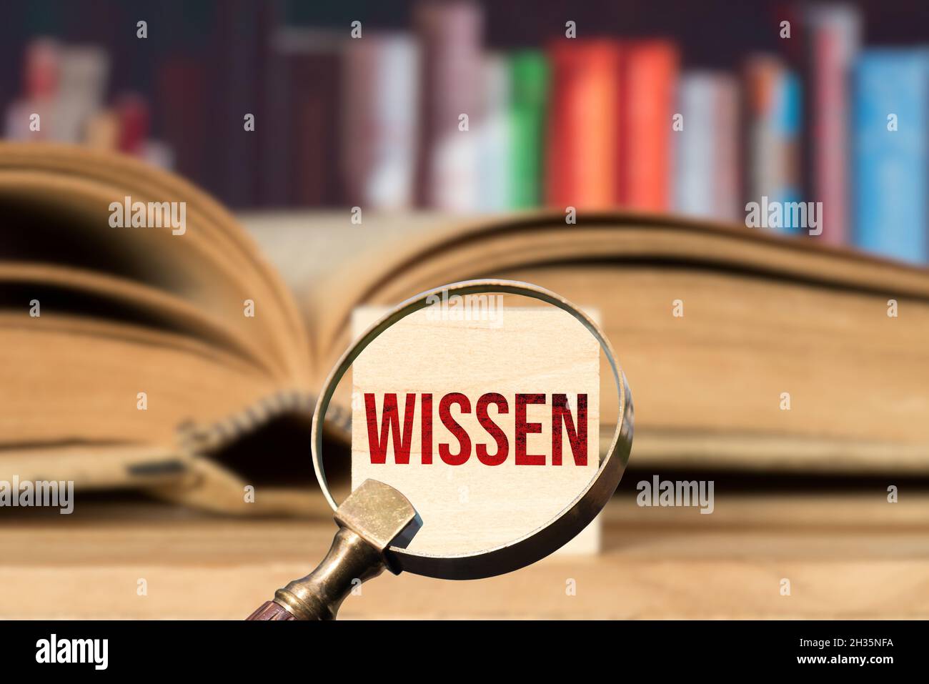 Ein Buch, Lupe und Wissen Stockfoto