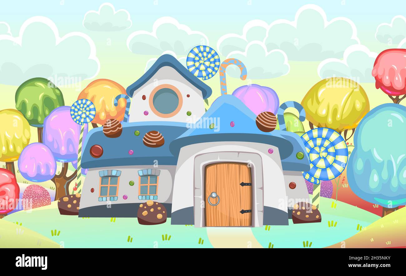 Candy-Hütte im bunten Wald mit Eis und Gelee-Bäumen. Süßes Karamell-Feenhaus. Sommer niedliche Landschaft. Abbildung im Cartoon-Stil flach Stock Vektor