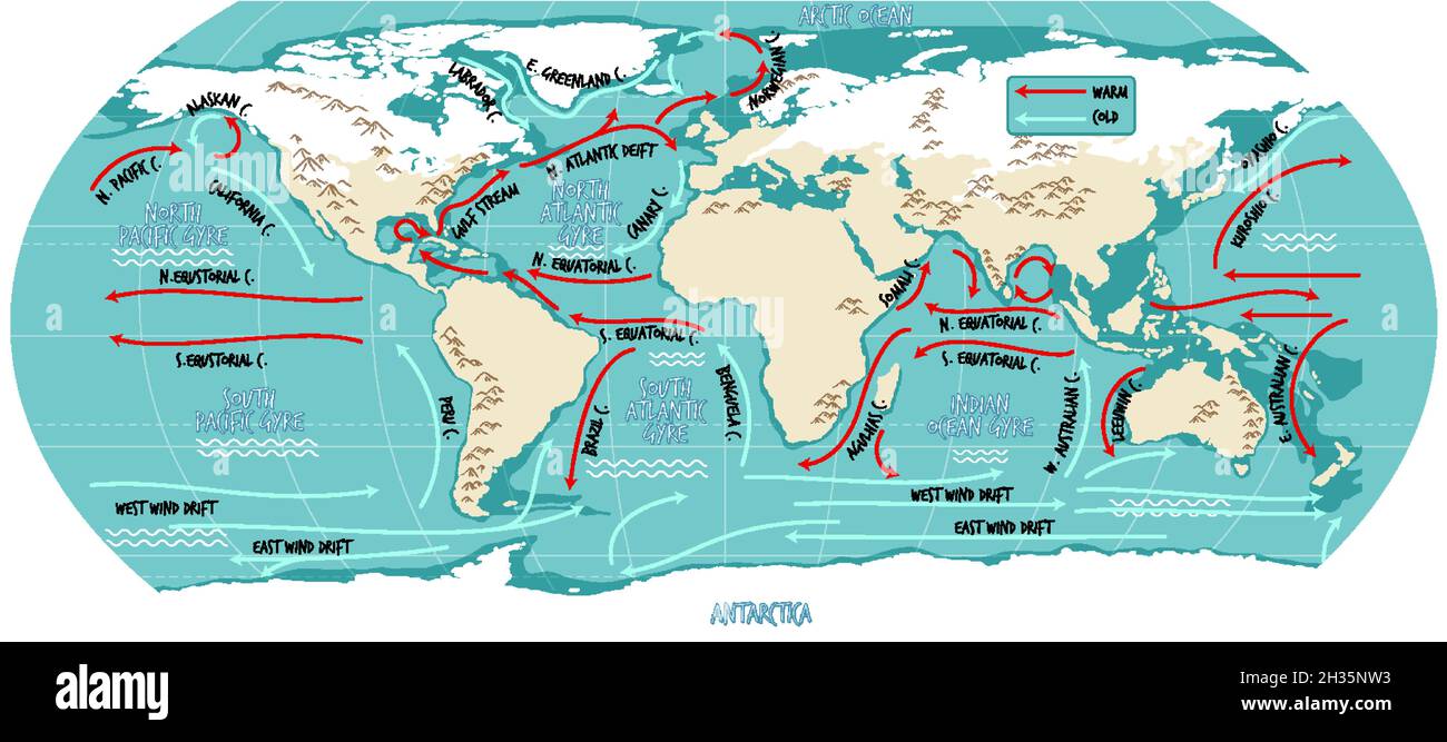 Die aktuelle Weltkarte des Ozeans mit Namensdarstellung Stock Vektor