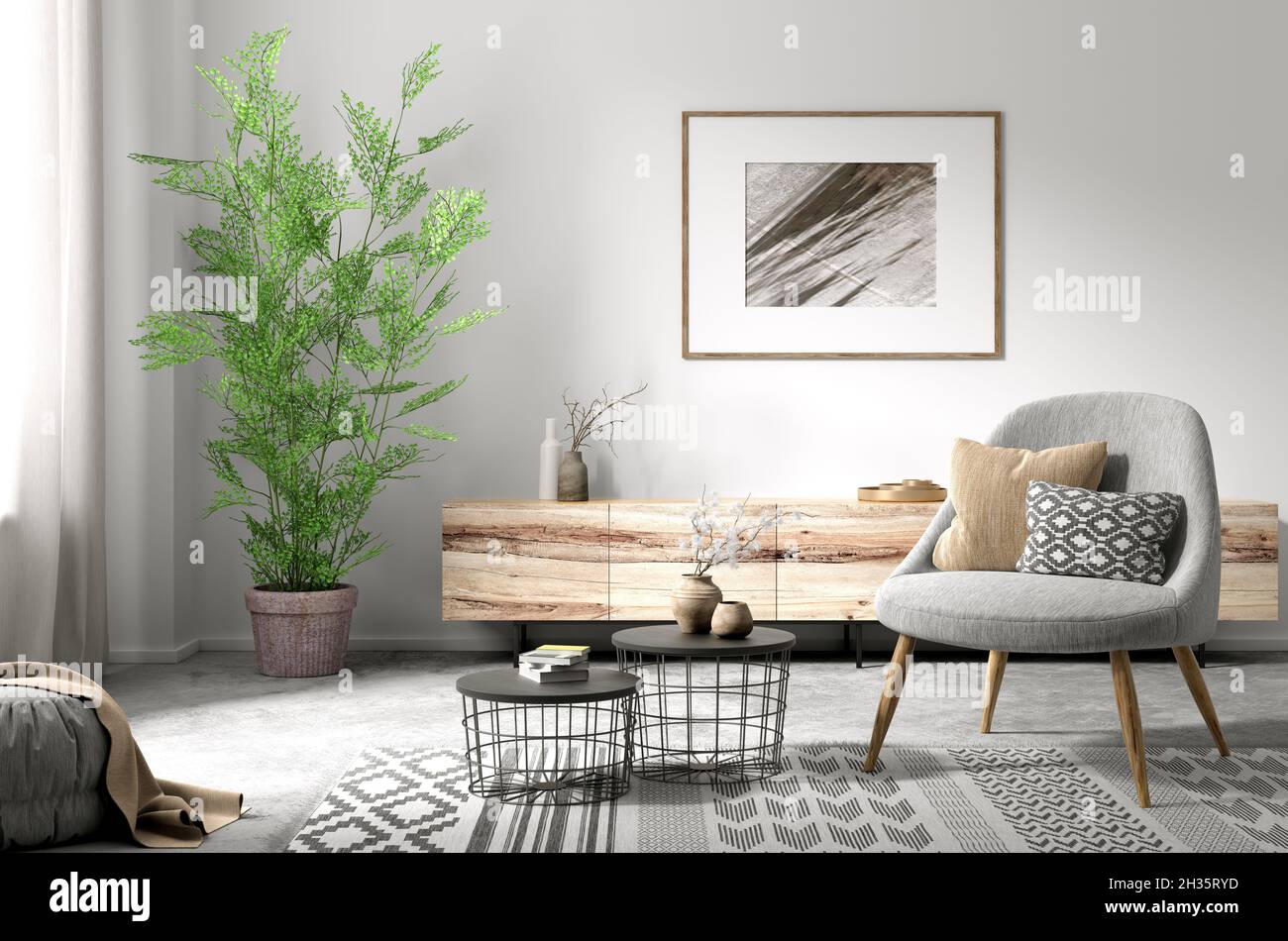 Innenausstattung des Wohnzimmers mit Couchtischen und grauem Sessel, Heimdesign 3d-Rendering Stockfoto