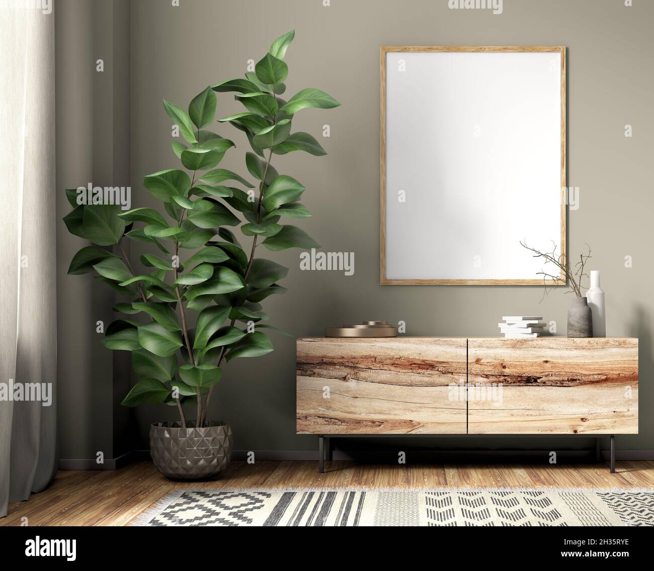 Moderne Innenausstattung des Wohnzimmers mit Anrichte aus Holz und Poster, Heimdesign 3d-Rendering Stockfoto
