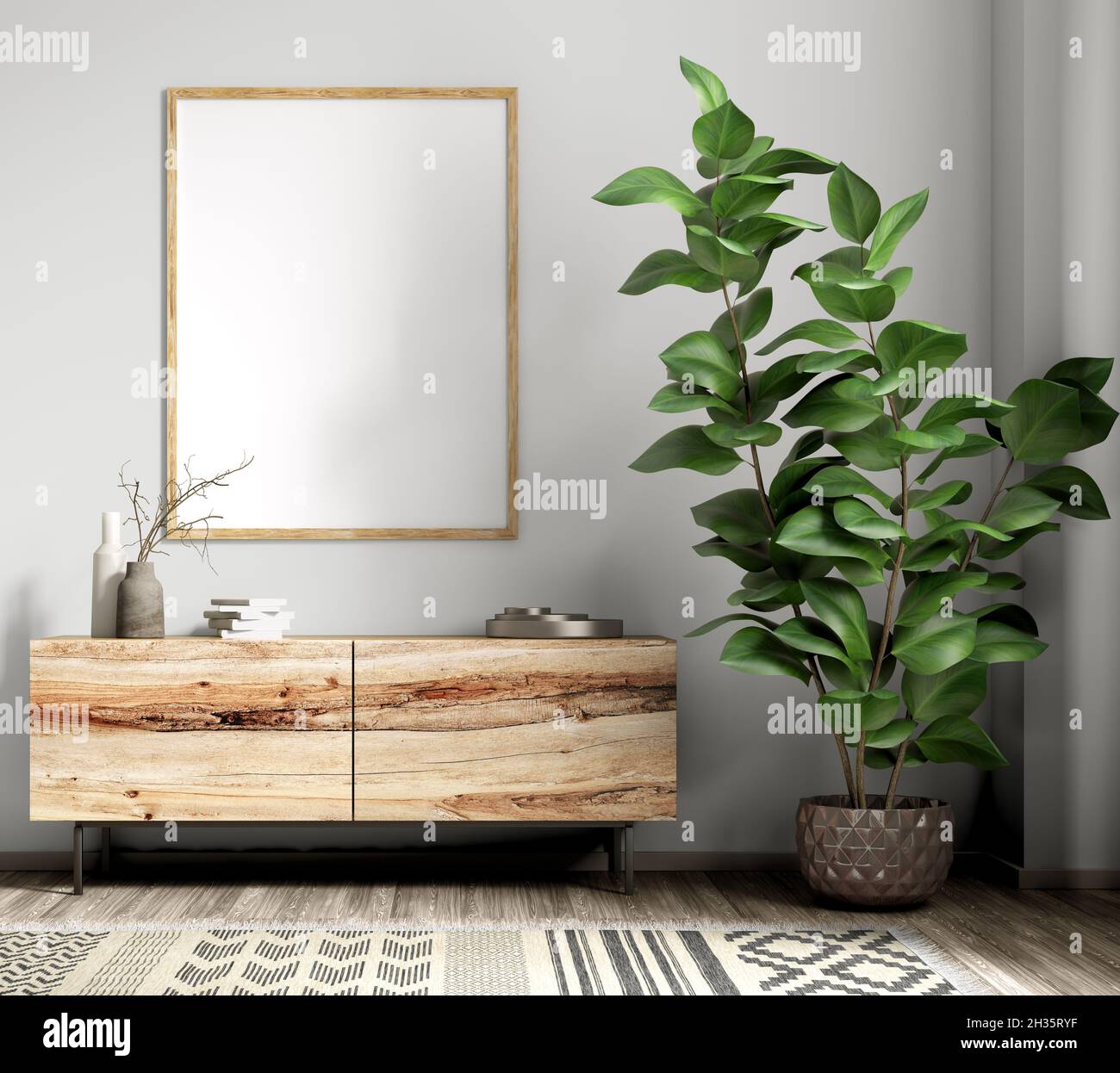 Moderne Innenausstattung des Wohnzimmers mit Holzkommode und Poster, Heimdesign 3d-Rendering Stockfoto