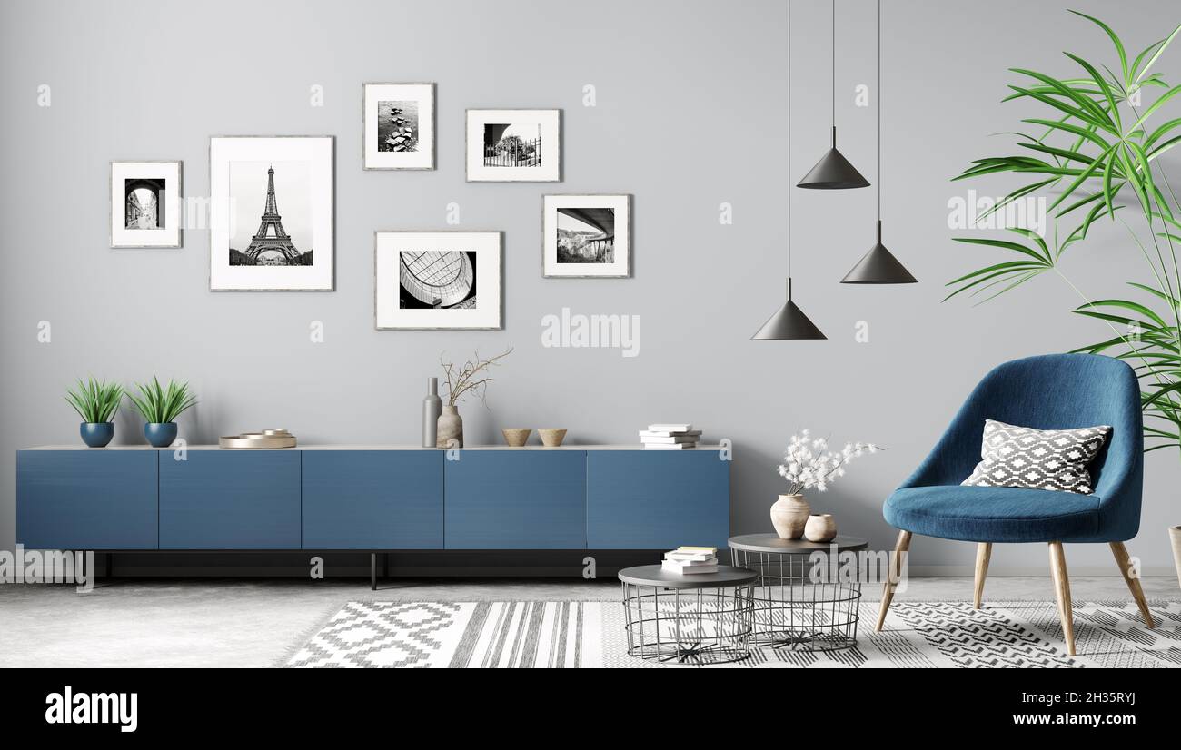 Moderne Innenausstattung des Wohnzimmers mit blauem Sideboard und Sessel Home Design 3d-Rendering Stockfoto