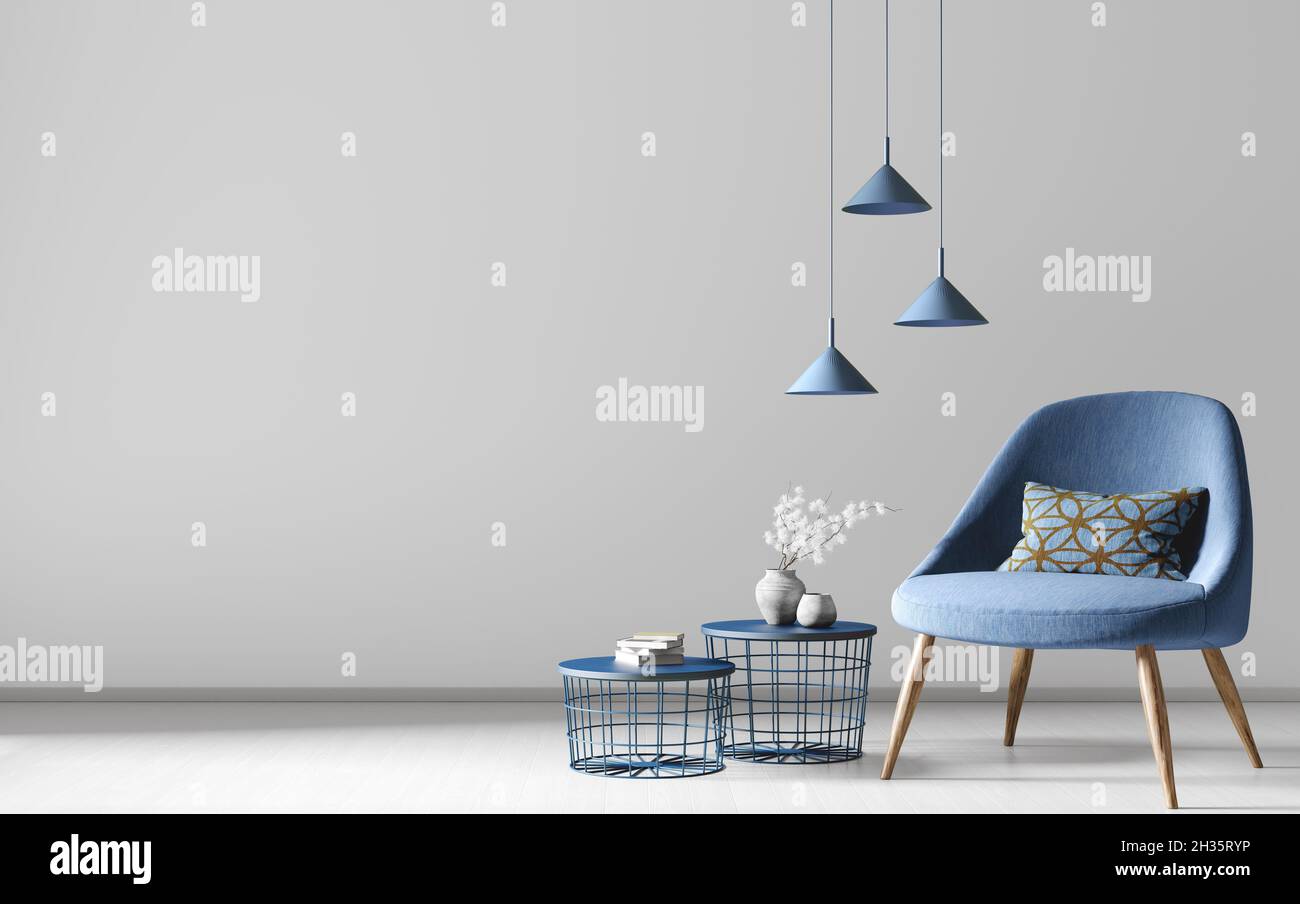 Innenausstattung des Wohnzimmers mit Couchtischen, Lampen und blauem Sessel über der grauen Wand. Heimdesign. 3d-Rendering Stockfoto