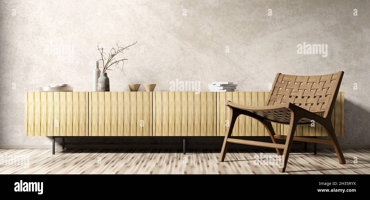 Moderne Innenausstattung des Wohnzimmers mit Holzschrank und Sessel Home Design 3d-Rendering Stockfoto