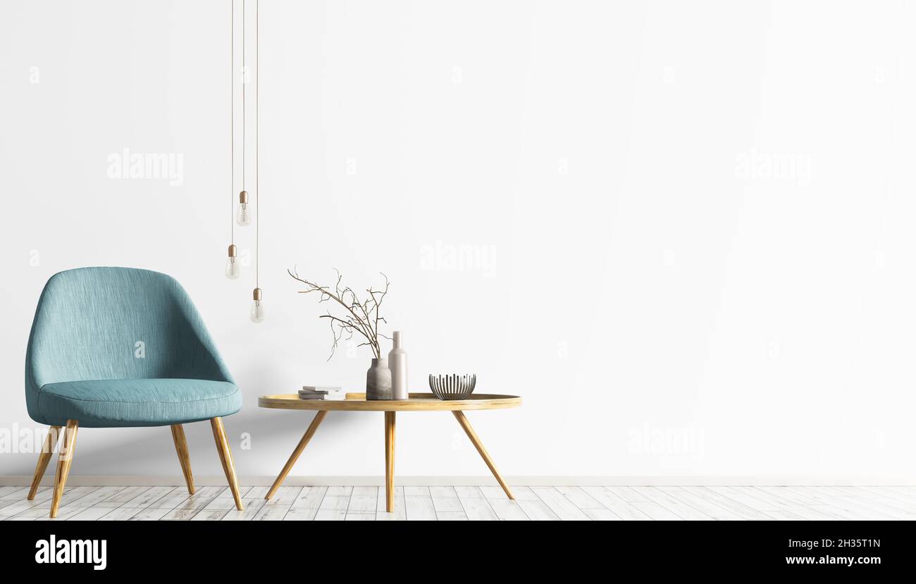 Einrichtung des skandinavischen Wohnzimmers mit türkisfarbenem Sessel und Holzkouchtisch. Zimmer mit weißer Wand und Kopierbereich. Modernes Wohndesign. 3d ren Stockfoto