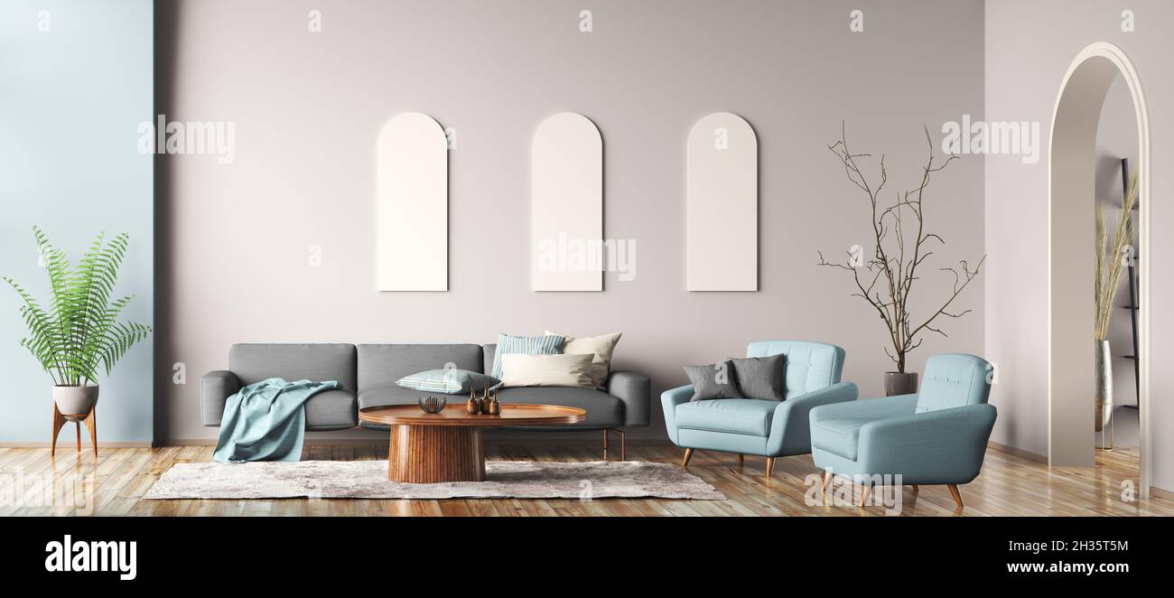 Moderne Inneneinrichtung der gemütlichen Wohnung mit beigefarbener Wand, Bogentür, Wohnzimmer mit grauem Sofa und blauen Sesseln. Heimdesign. Panorama 3d-Rendering Stockfoto