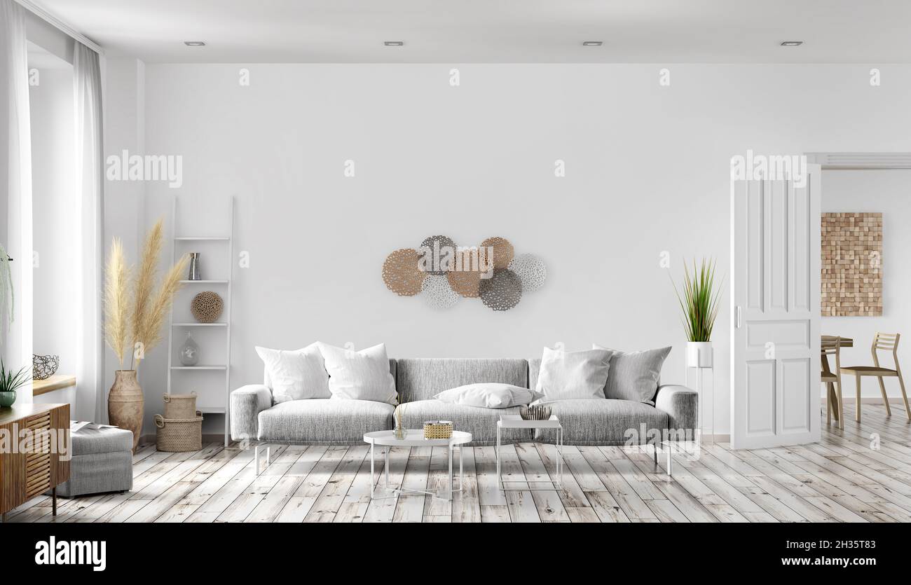 Moderne Innenarchitektur des skandinavischen Stils Wohnzimmer mit grauem Sofa, Wohnung mit weißer Wand, Fenster und Tür, Heimdesign 3d-Rendering Stockfoto