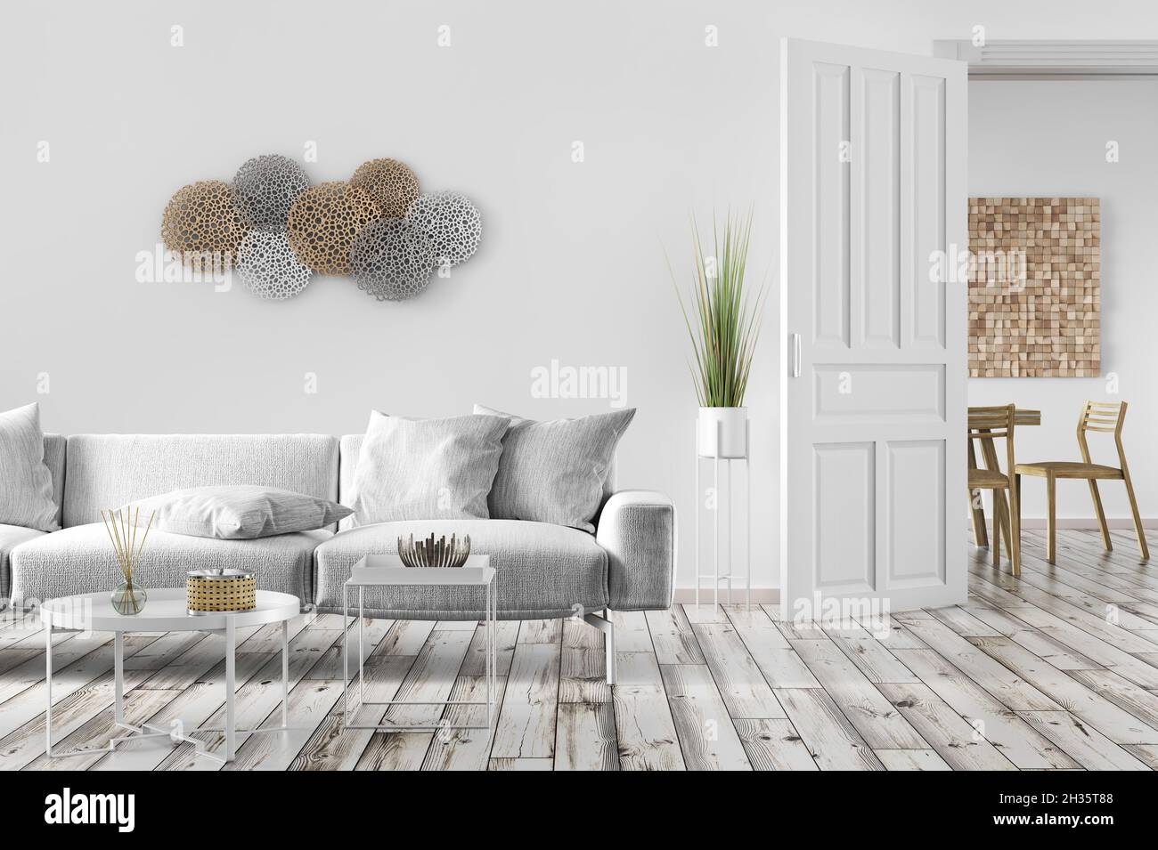Moderne Innenarchitektur des skandinavischen Stils Wohnzimmer mit grauem Sofa, Wohnung mit weißer Wand und Tür, Heimdesign 3d-Rendering Stockfoto