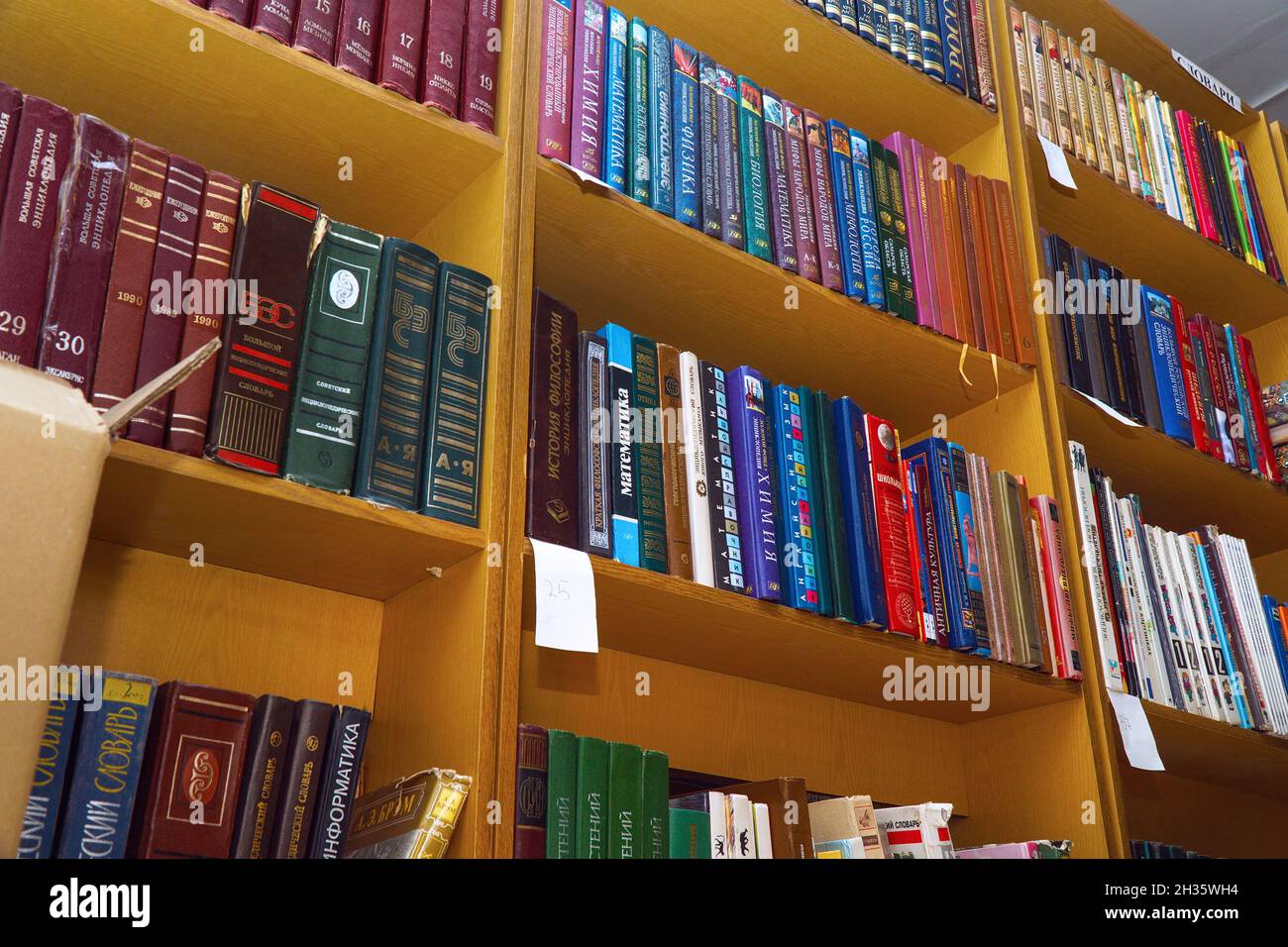 Chapaevsk, Region Samara, Russland - 24. Dezember 2020: Bücher im Regal der Bibliothek. Selektiver Fokus Stockfoto