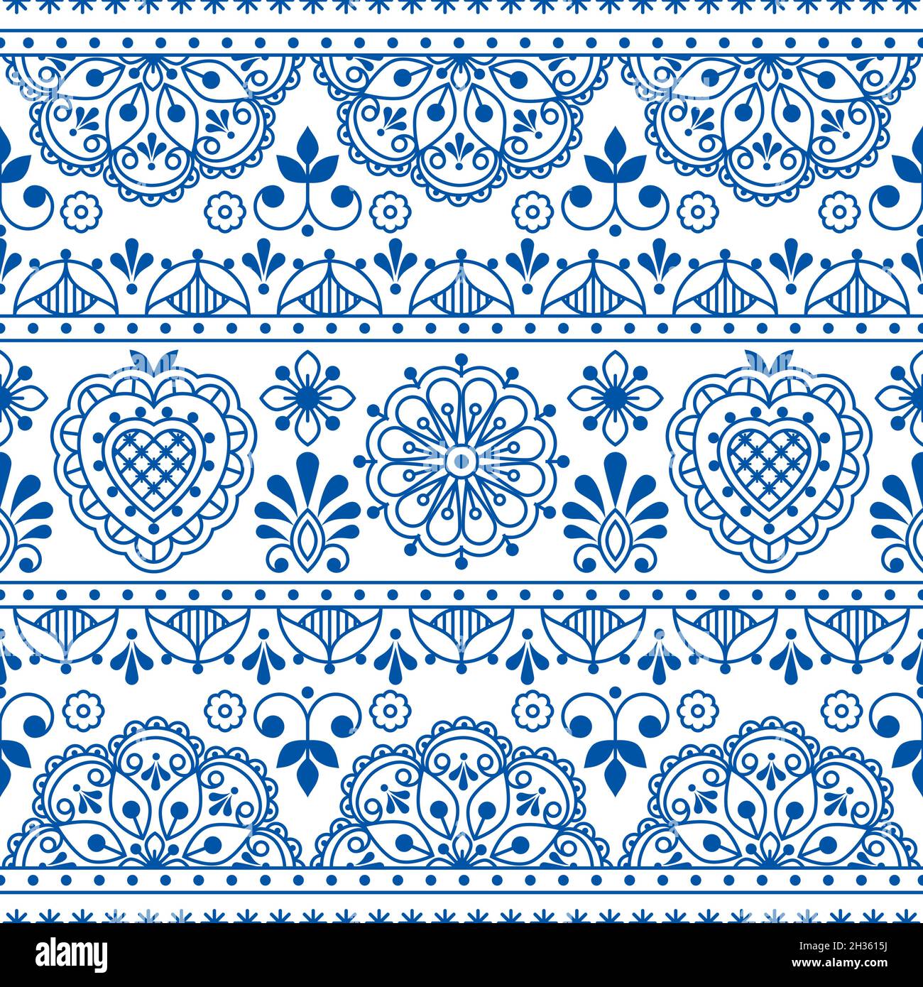 Skandinavische Volkskunst skizzieren nahtlose Textil- oder Stoffdruck, marineblaues repetitve-Design mit Blumen inspiriert von Spitze und Stickerei Rückengro Stock Vektor