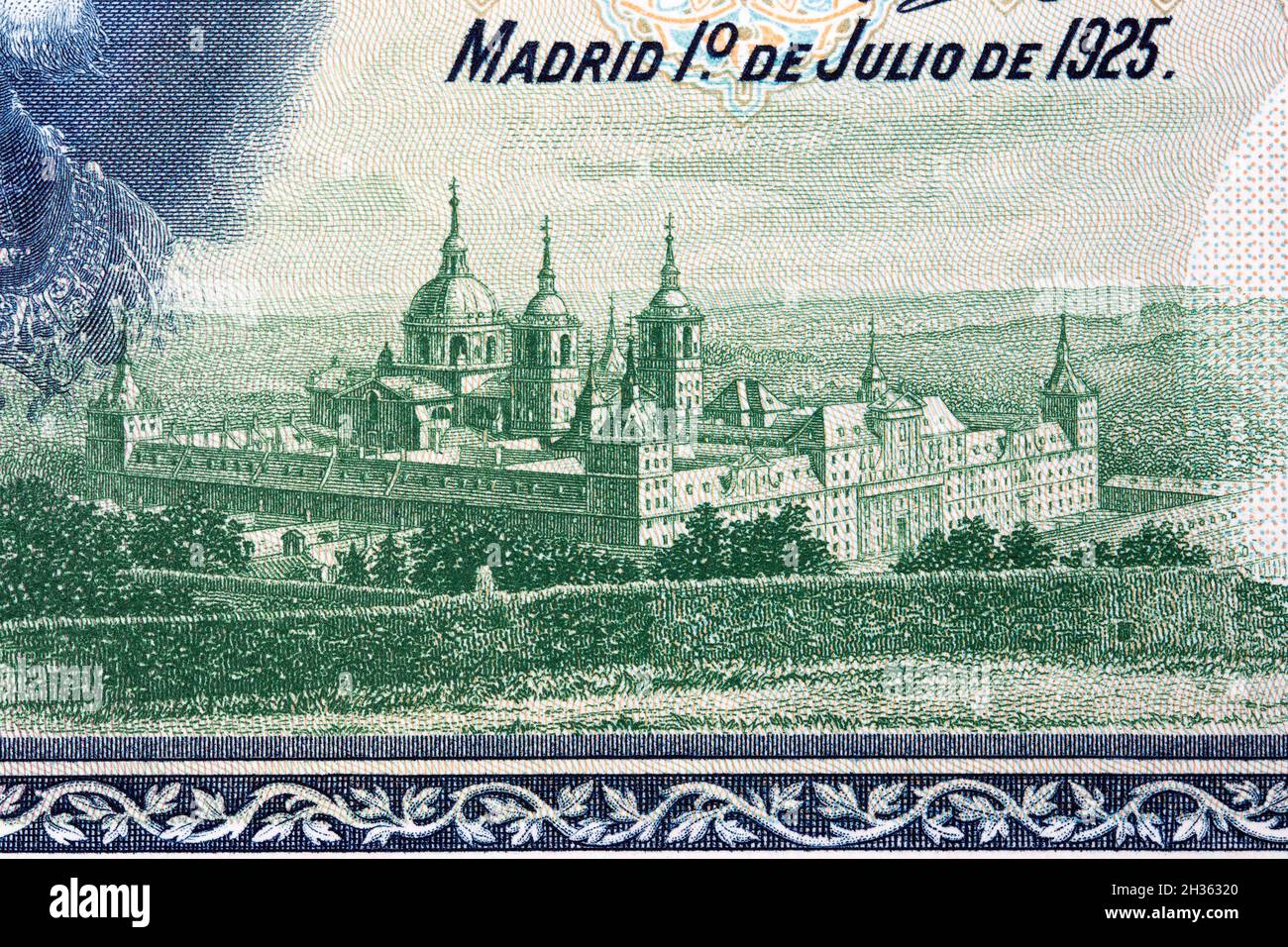 Kloster El Escorial aus altem spanisches Geld - Peseta Stockfoto