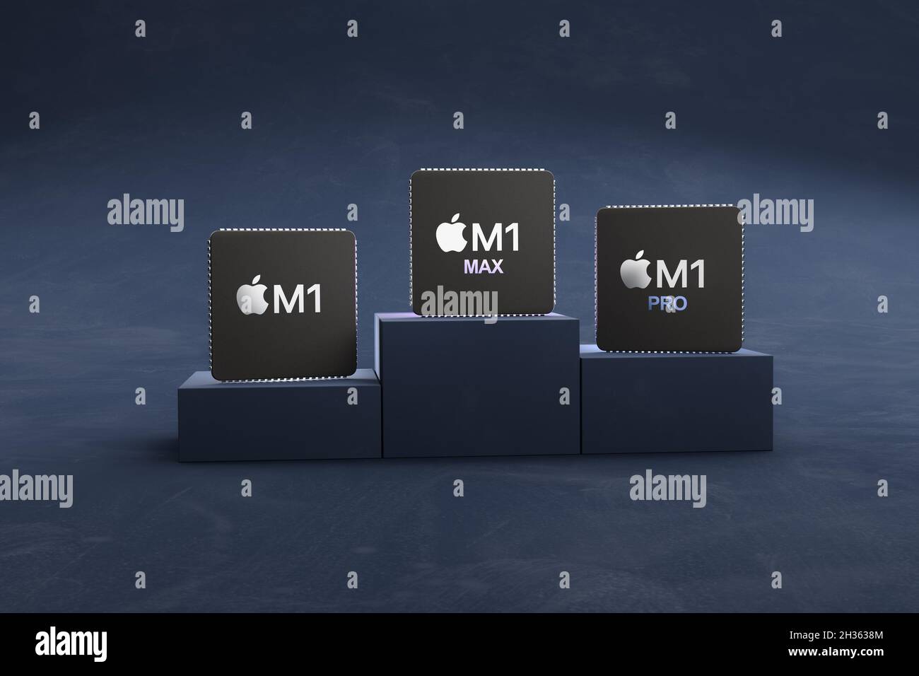 Die neuen CPUs Apple M!, M1 pro und M1 MAX stehen entsprechend ihrer Leistung auf Podesten. Mockup-CPUs als 3d-Rendering. Stockfoto