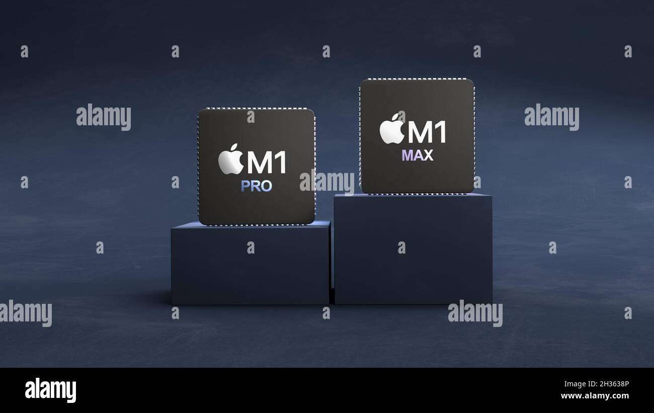 Die beiden neuen CPUs Apple M1 pro und M1 MAX stehen auf zwei Sockeln. Mockup-CPUs als 3d-Rendering. Stockfoto