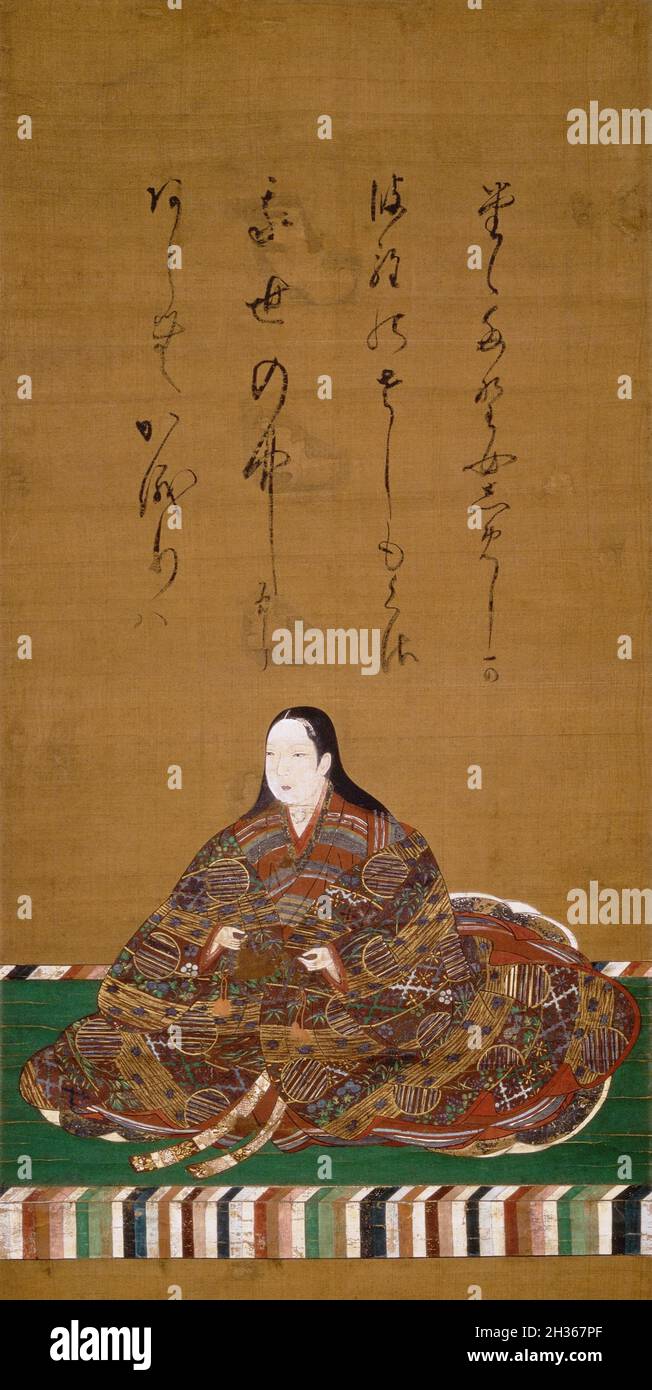 Japan: Lady Yodo Dono (1567. - 4. Juni 1615), zweite Frau von Toyotomi Hideyoshi und Mutter von Toyotomi Hideyori. Hängende Schriftrolle Malerei, 17. Jahrhundert. Yodo-dono oder Yodogimi, auch bekannt als Lady Chacha, war die Konkubine und zweite Frau von Toyotomi Hideyoshi, der Ende des 16. Jahrhunderts der mächtigste Mann Japans war. Sie war auch die Mutter seines Nachfolgers Hideyori. Hideyoshi starb 1598 und der Toyotomi-Clan verlor viel von seinem Einfluss und seiner Bedeutung. Yodo-dono und Hideyori begingen Selbstmord nach der Belagerung des Schlosses Osaka im Jahr 1614-1615 durch Tokugawa Ieyasu, was die Toyotomi-Linie beendete. Stockfoto