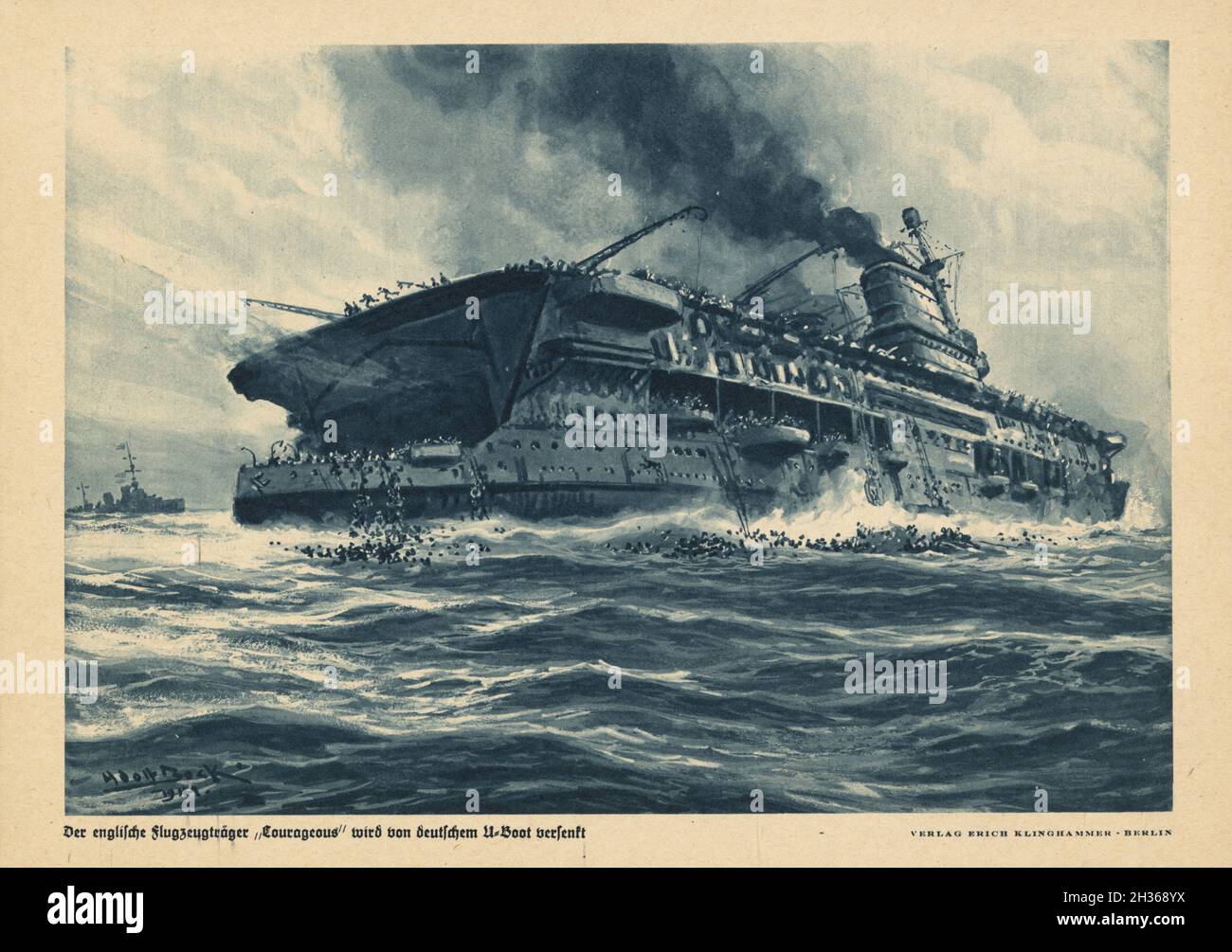 Eine Vintage-Illustration um 1941 des britischen Flugzeugträgers HMS Courageous Sinking nach dem deutschen U-Boot U-29, kommandiert von Kapitän-Lieutenant Otto Schuhart, schlug sie am 17. September 1939 mit zwei Torpedos. Gemalt von Adolf Bock Stockfoto